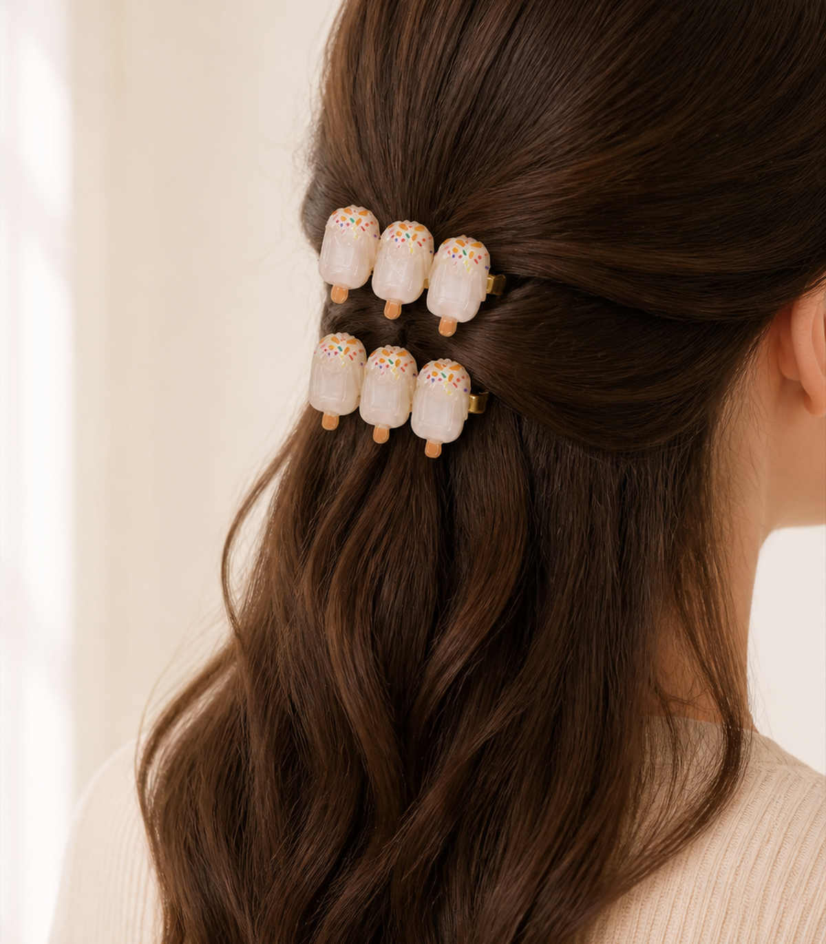 Milky Sprinkle Iced Pop Trio Clip Pair worn in hair