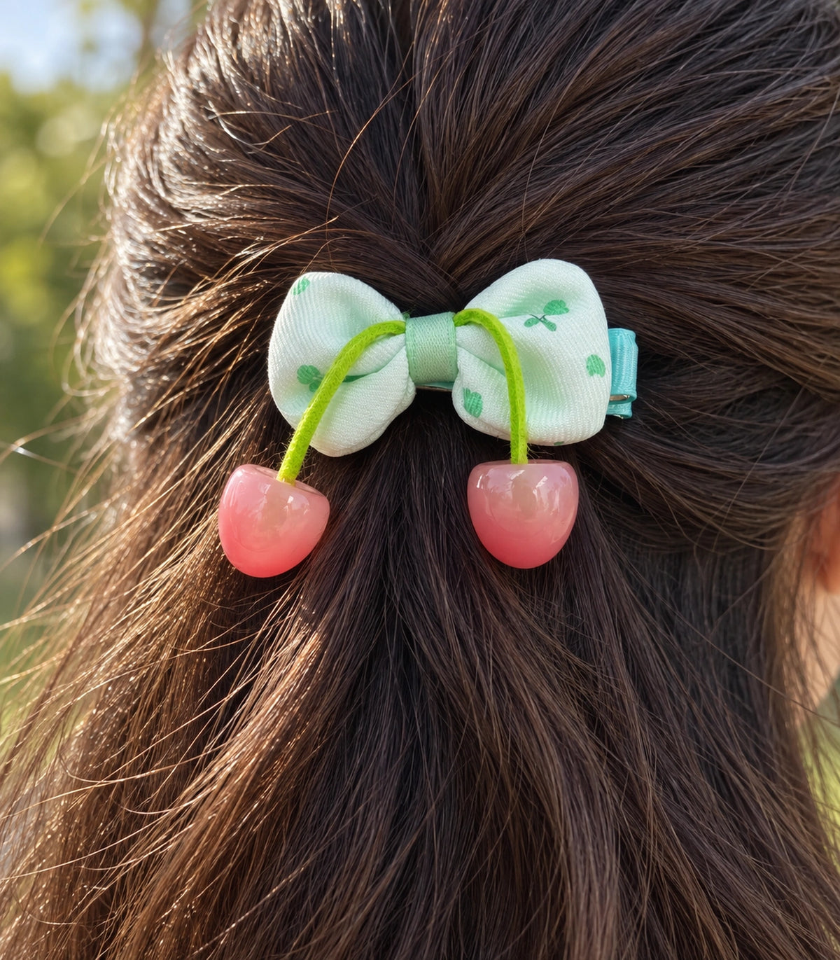 JIMIKI Cherry Print Bow Hair Clip With Cherry Charms in Mint, close-up detail #color_mint