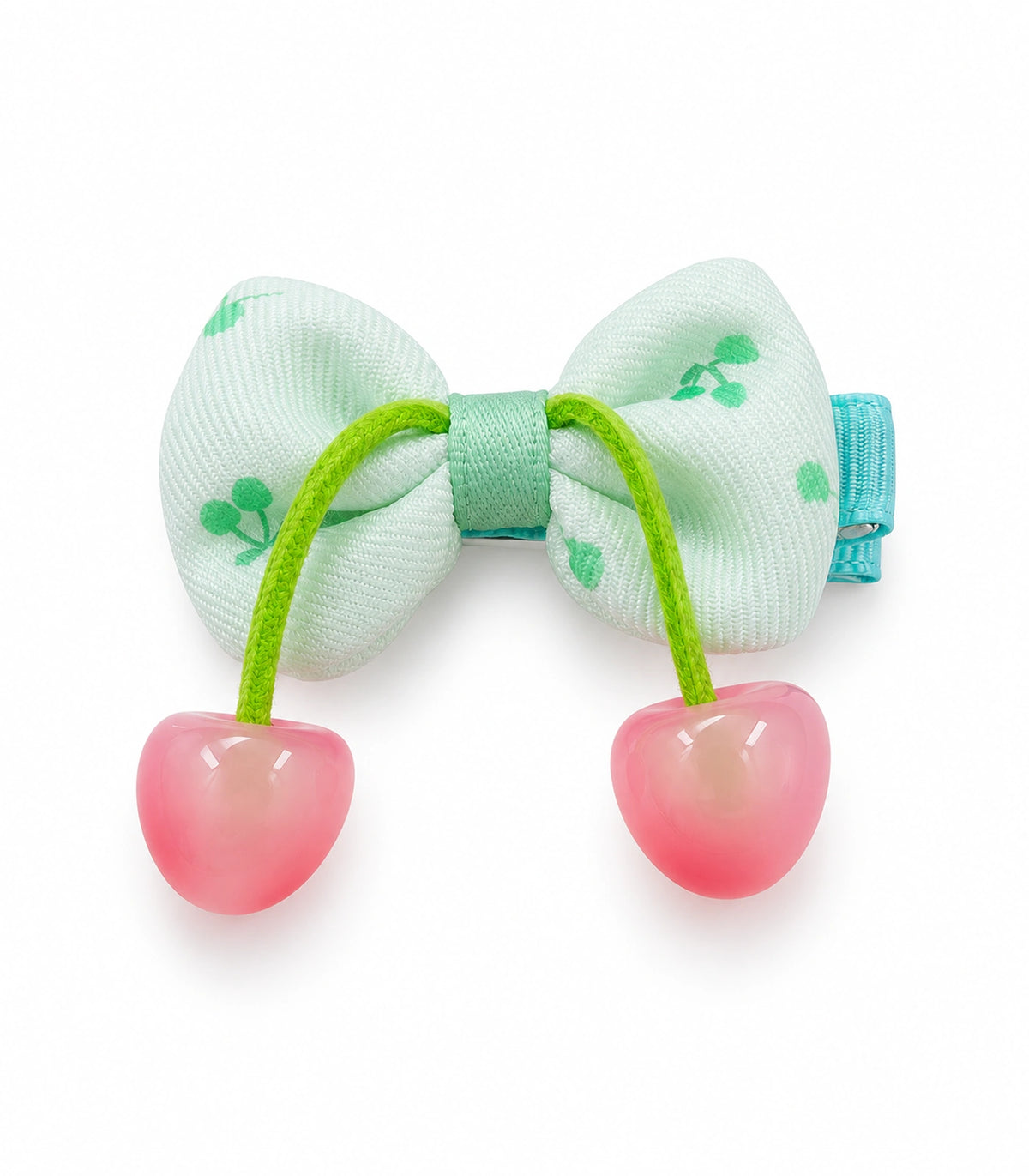 JIMIKI Cherry Print Bow Hair Clip With Cherry Charms in Mint, white background product view #color_mint