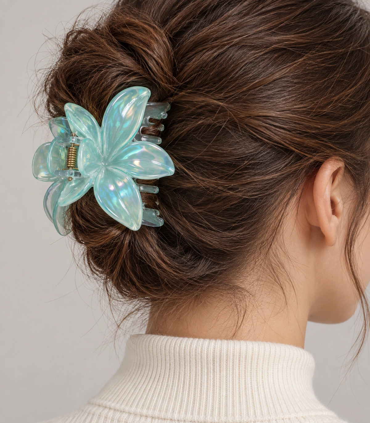 JIMIKI Iridescent Five Petal Flower Hair Claw Clips in Mint, close-up detail #color_mint