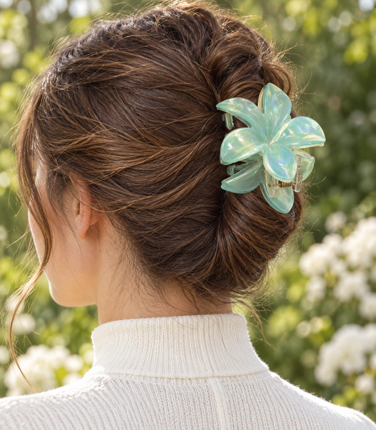 JIMIKI Iridescent Five Petal Flower Hair Claw Clips in Mint, editorial model view #color_mint