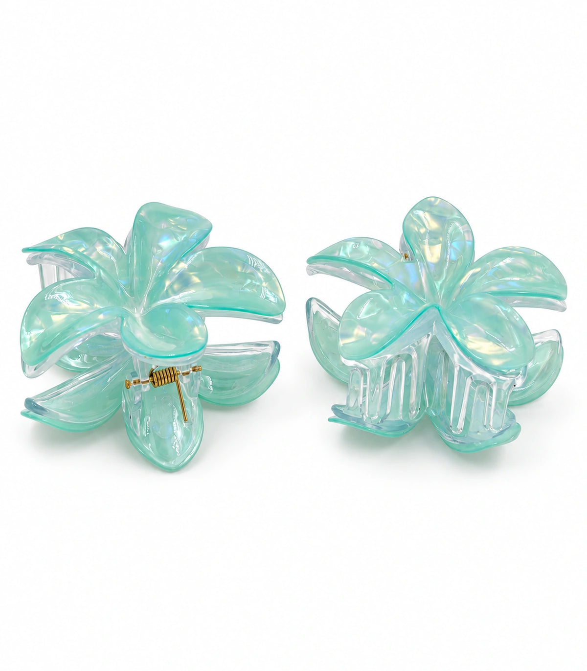 JIMIKI Iridescent Five Petal Flower Hair Claw Clips in Mint, white background product view #color_mint