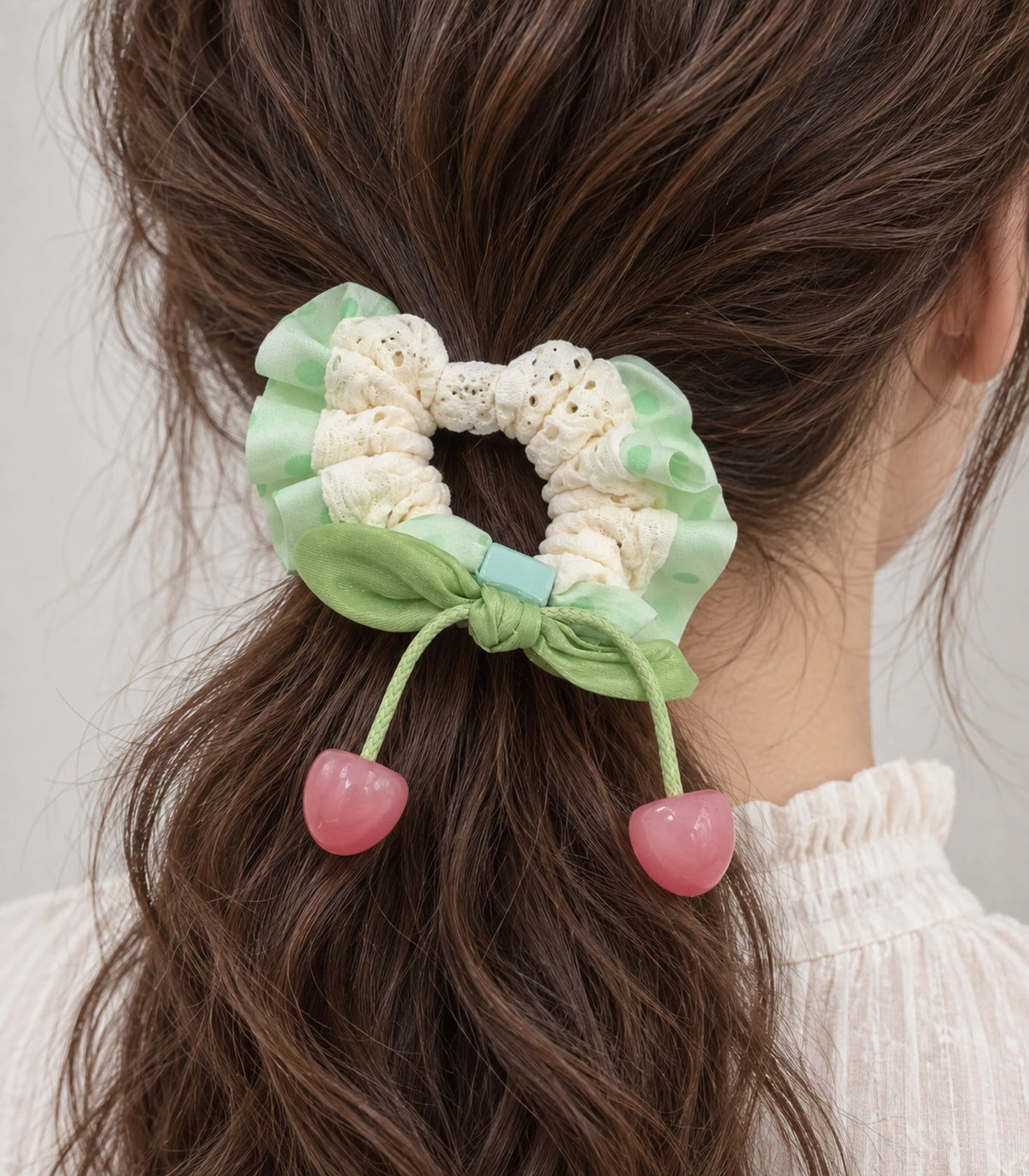 JIMIKI Polka Dot Lace Scrunchie With Cherry Charms in Mint, close-up detail #color_mint