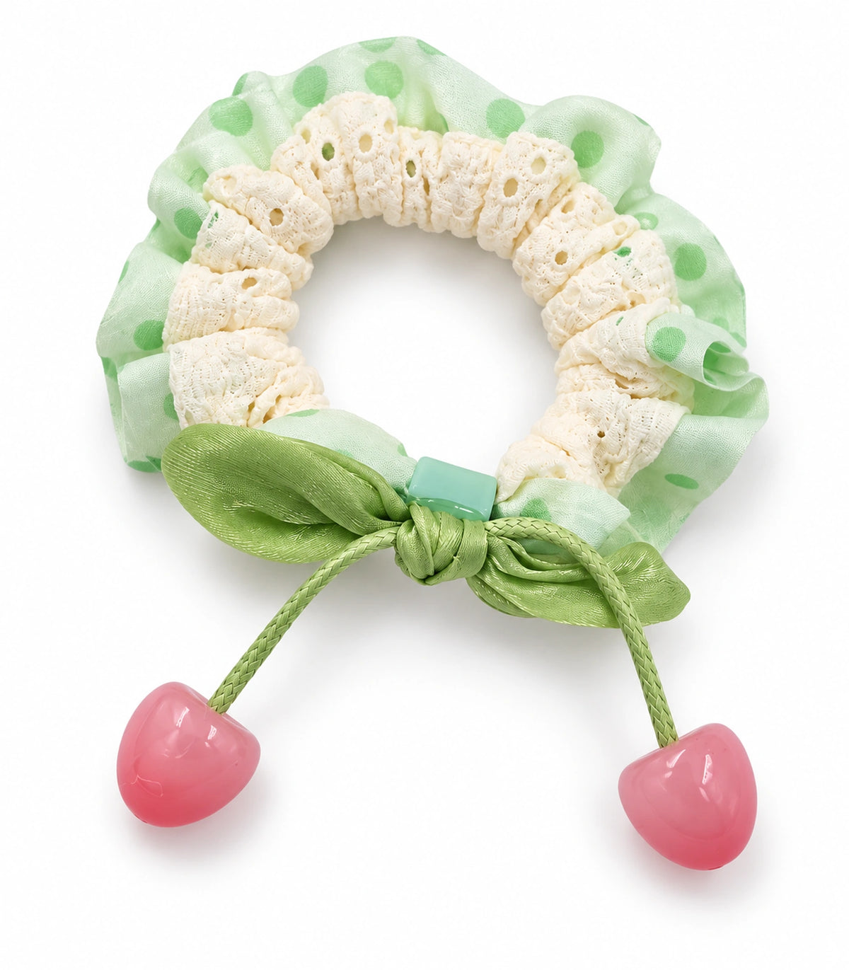 JIMIKI Polka Dot Lace Scrunchie With Cherry Charms in Mint, white background product view #color_mint