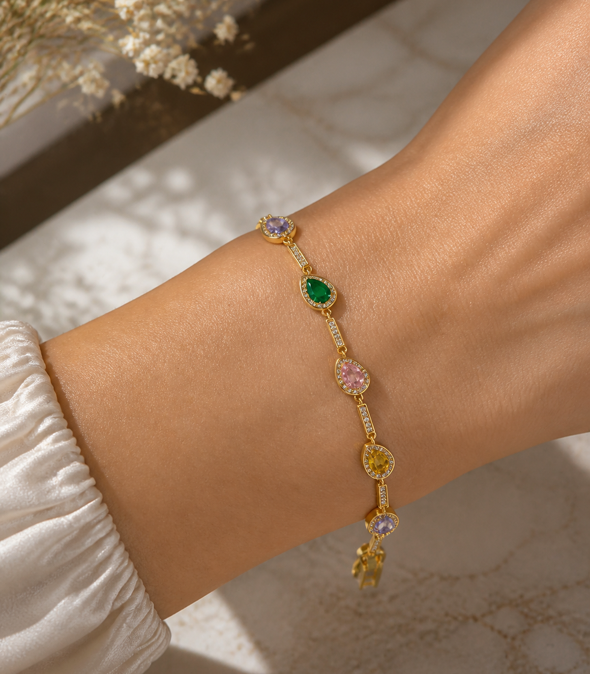 Close-up of Multicolor Marquise Crystal Link Bracelet
