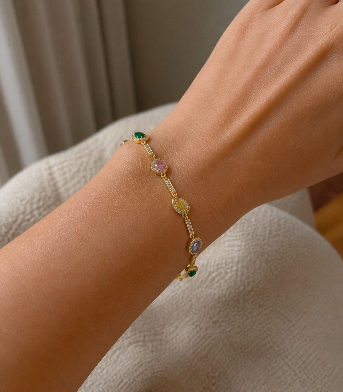 Multicolor Marquise Crystal Link Bracelet styled on a model
