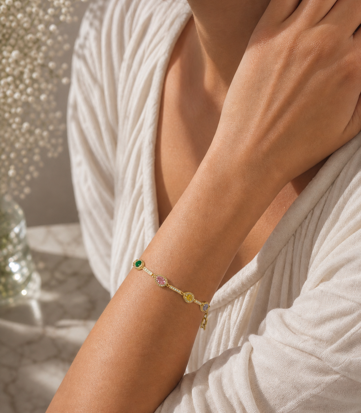 Multicolor Marquise Crystal Link Bracelet worn by model
