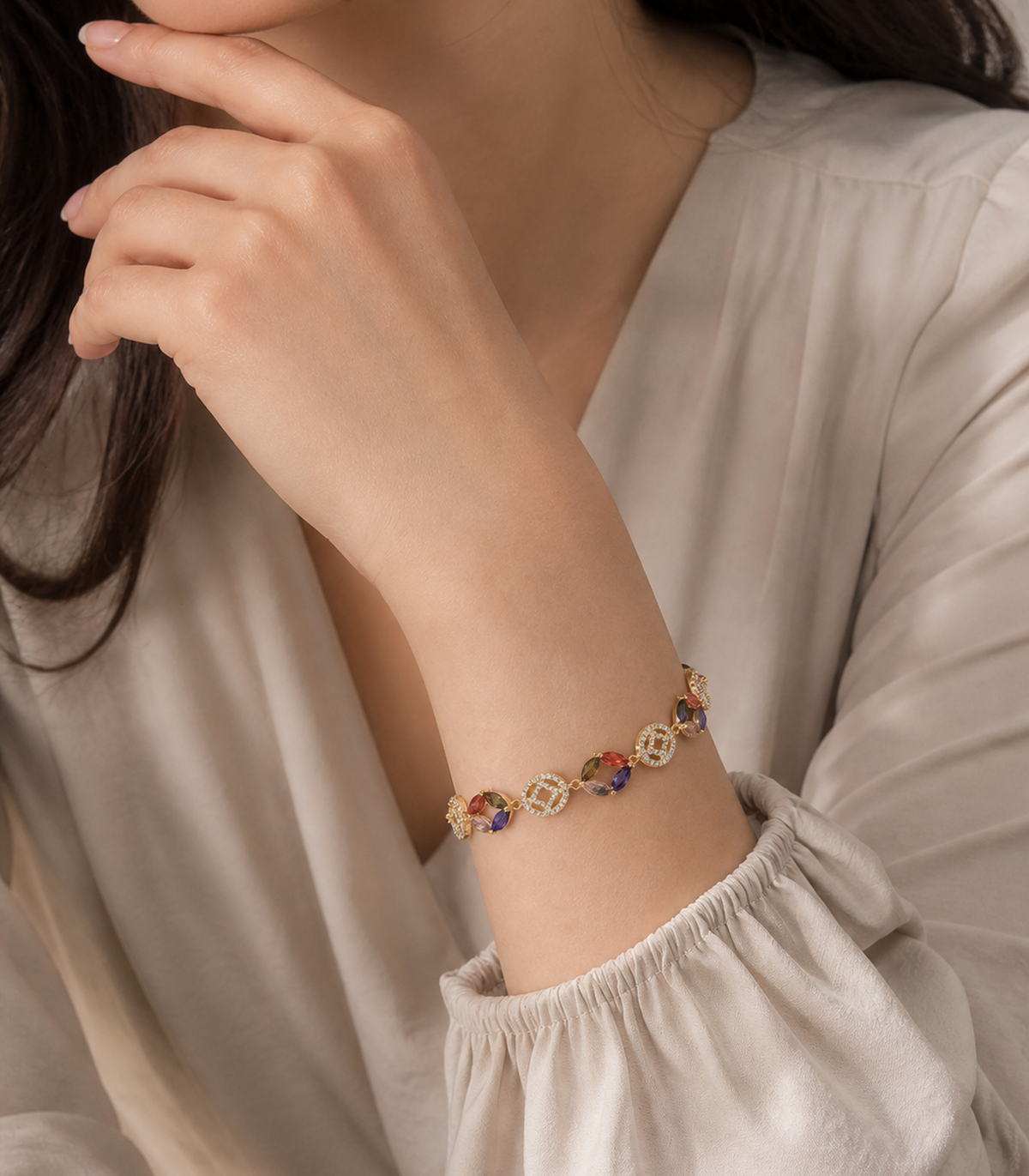 Multicolor Marquise Medallion Link Bracelet worn by model