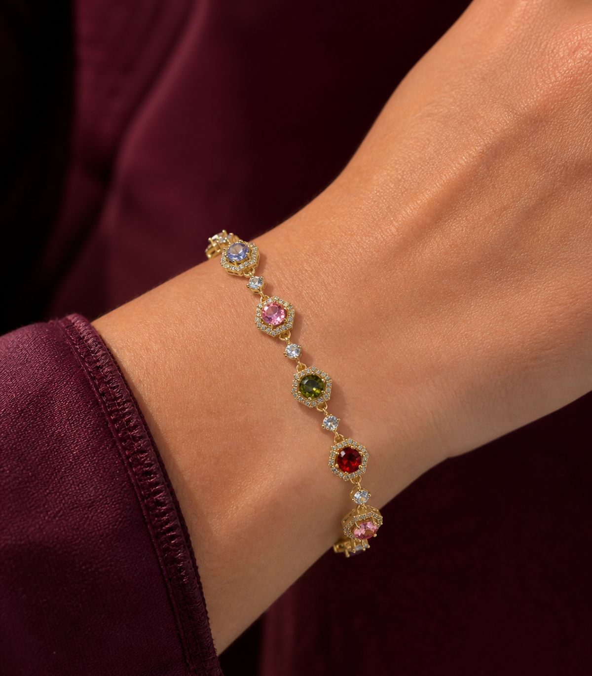 Close-up of Multicolor Octagon Crystal Link Bracelet