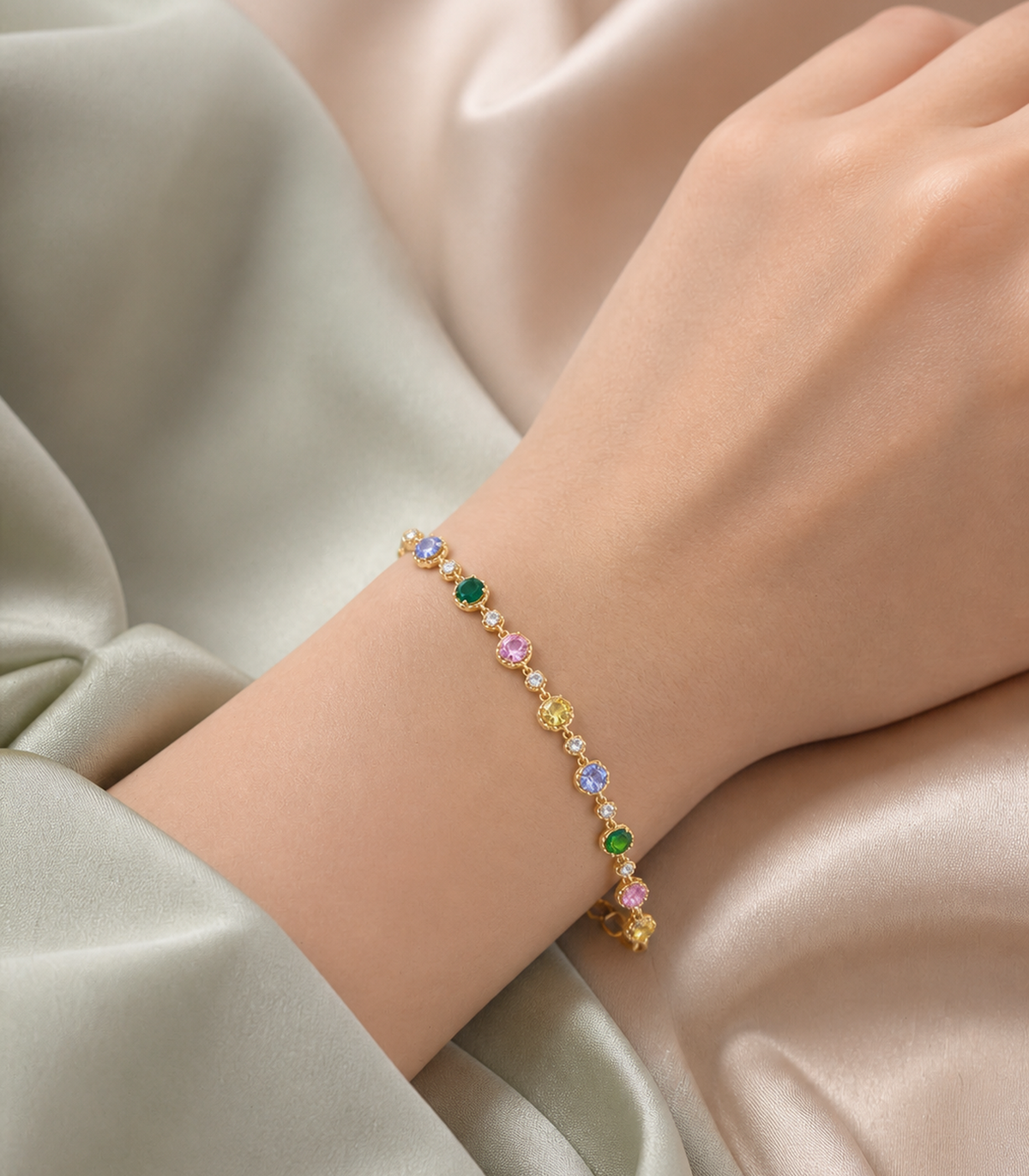 Multicolor Round Crystal Link Bracelet styled on a model
