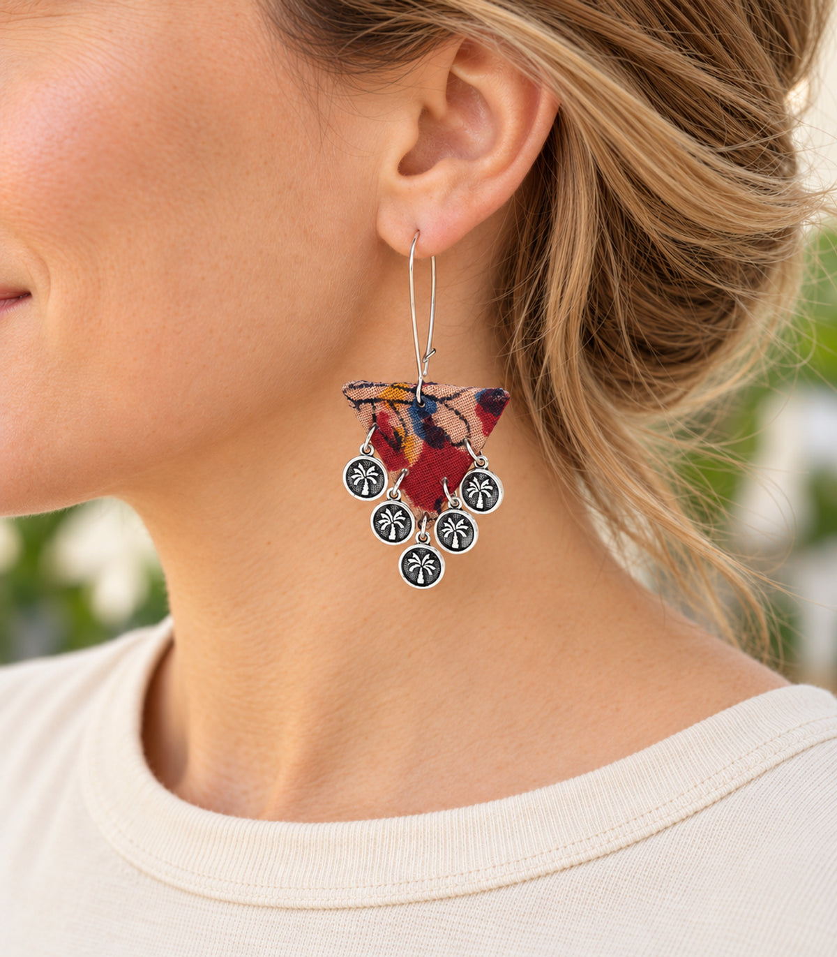 Multicolour triangle fabric coin earrings — worn view