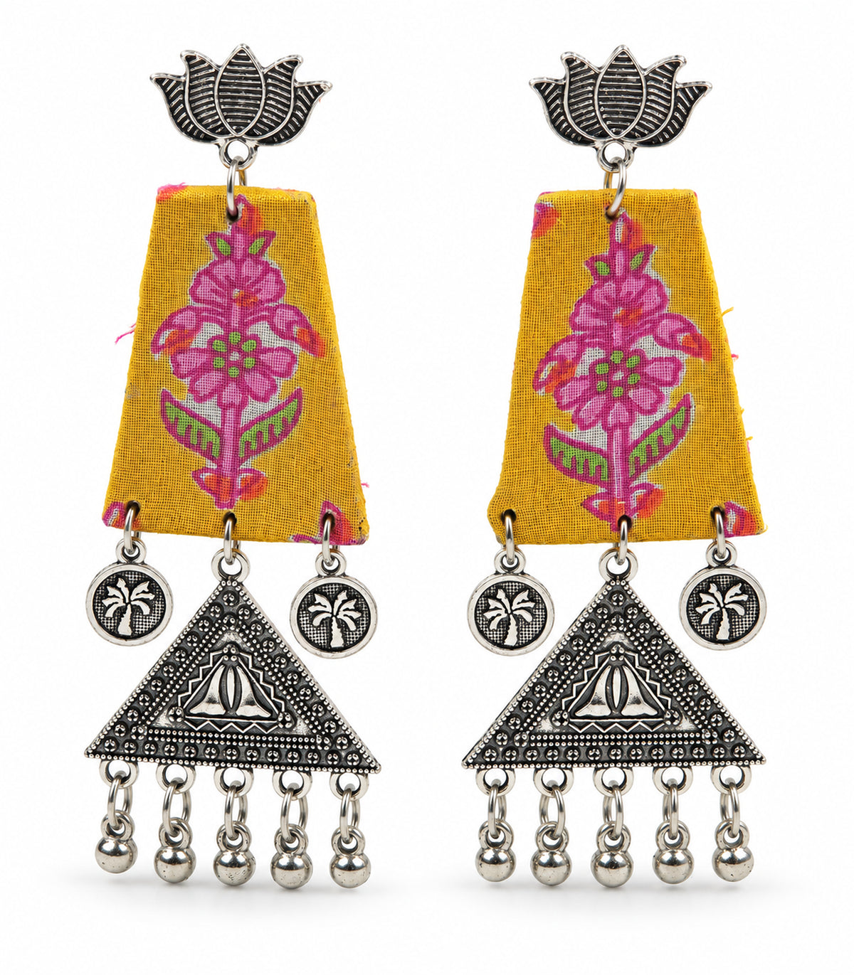 Mustard floral fabric lotus triangle earrings, complete pair on white background