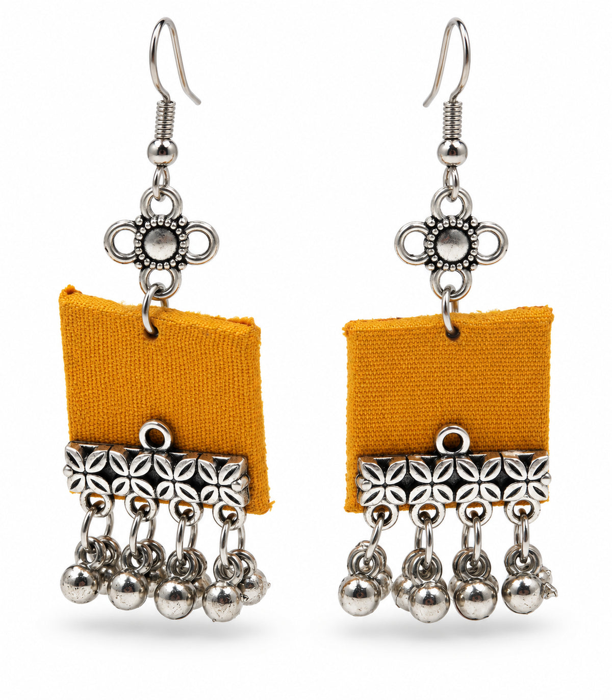 Mustard Square Fabric Ghungroo Earrings – white background