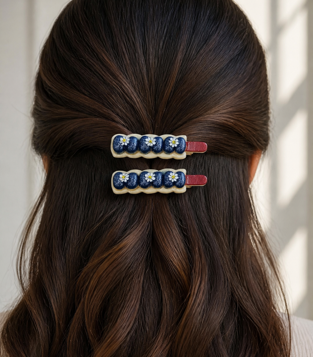 Navy Blueberry Daisy Garland Clip Pair worn in hair