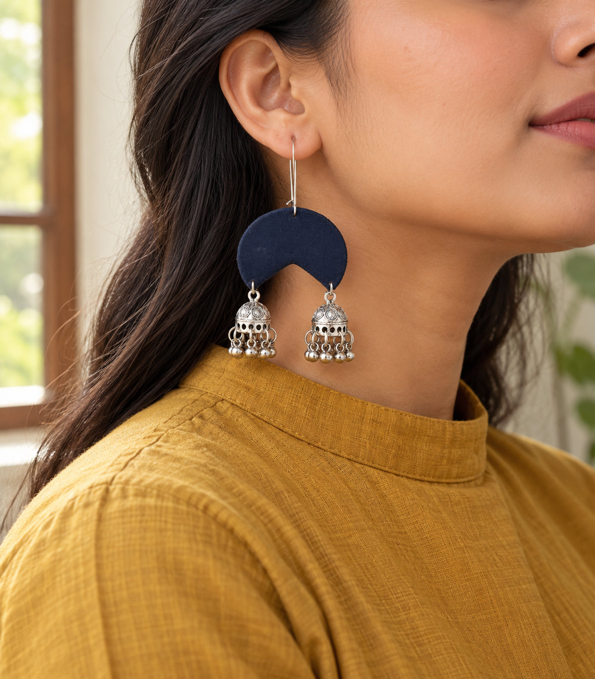 Navy crescent fabric double jhumka earrings – editorial model