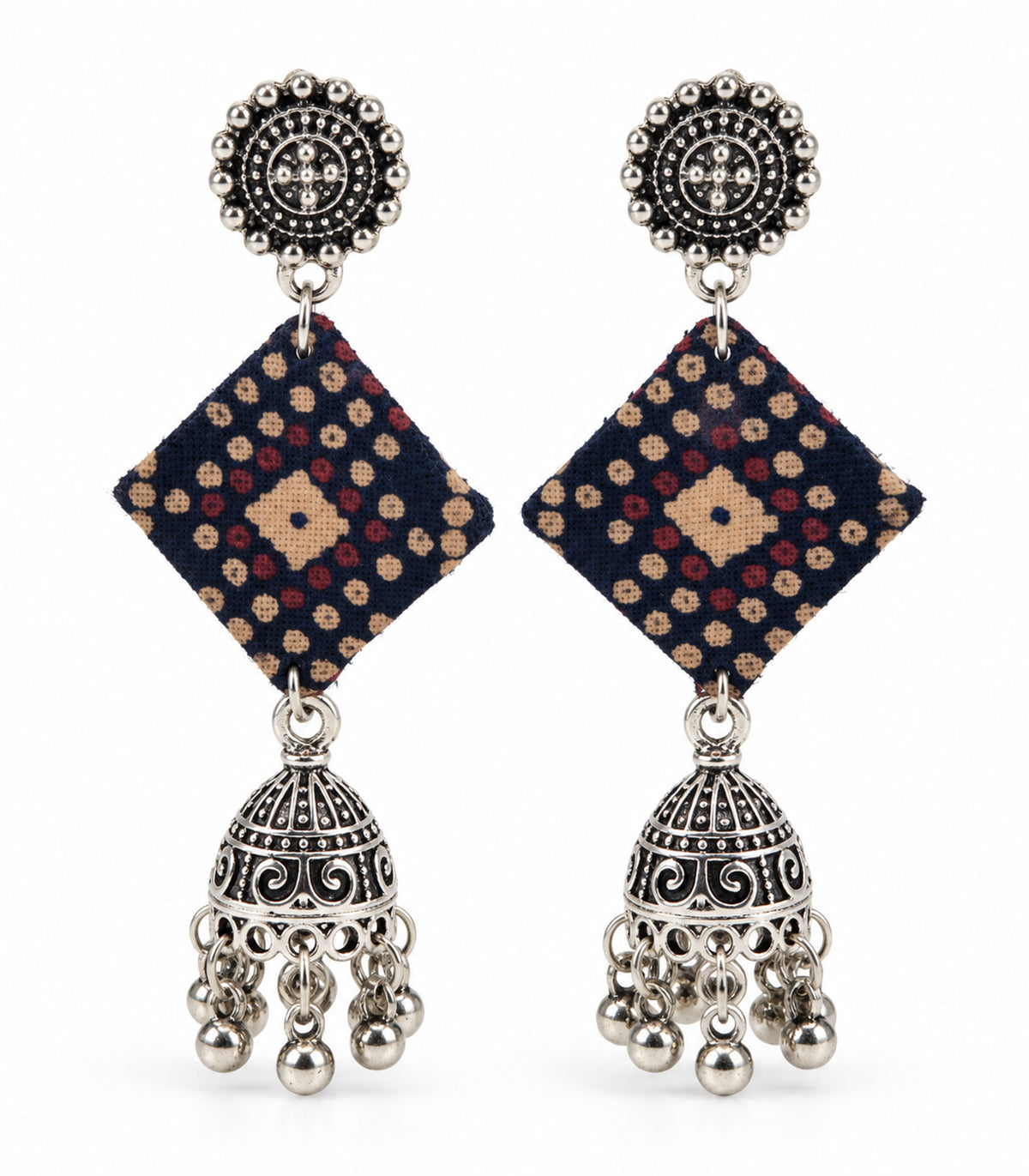 Navy dotted diamond fabric jhumka earrings — white background