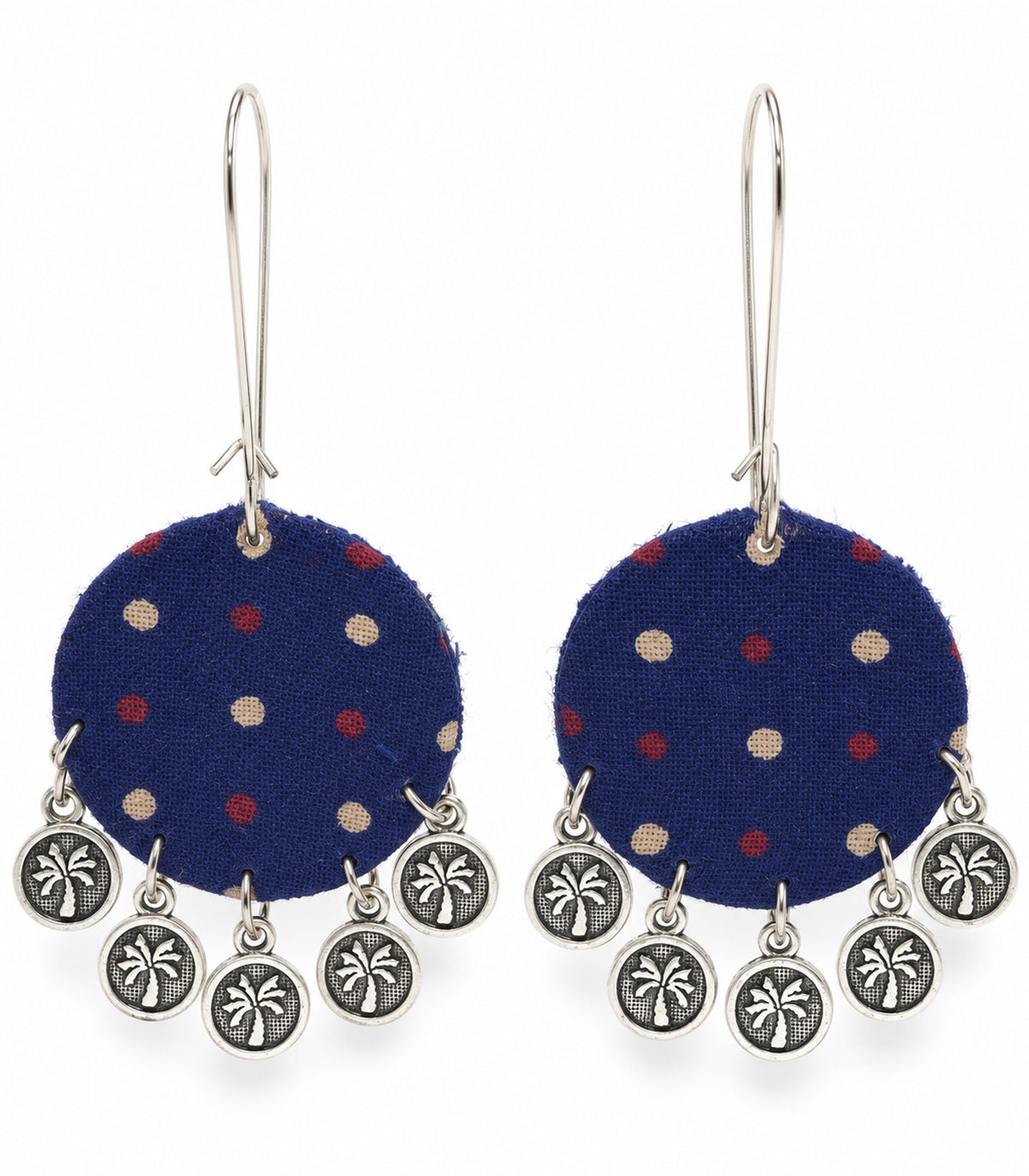 Pair of navy dotted round fabric earrings with silver-tone hanging coins on white