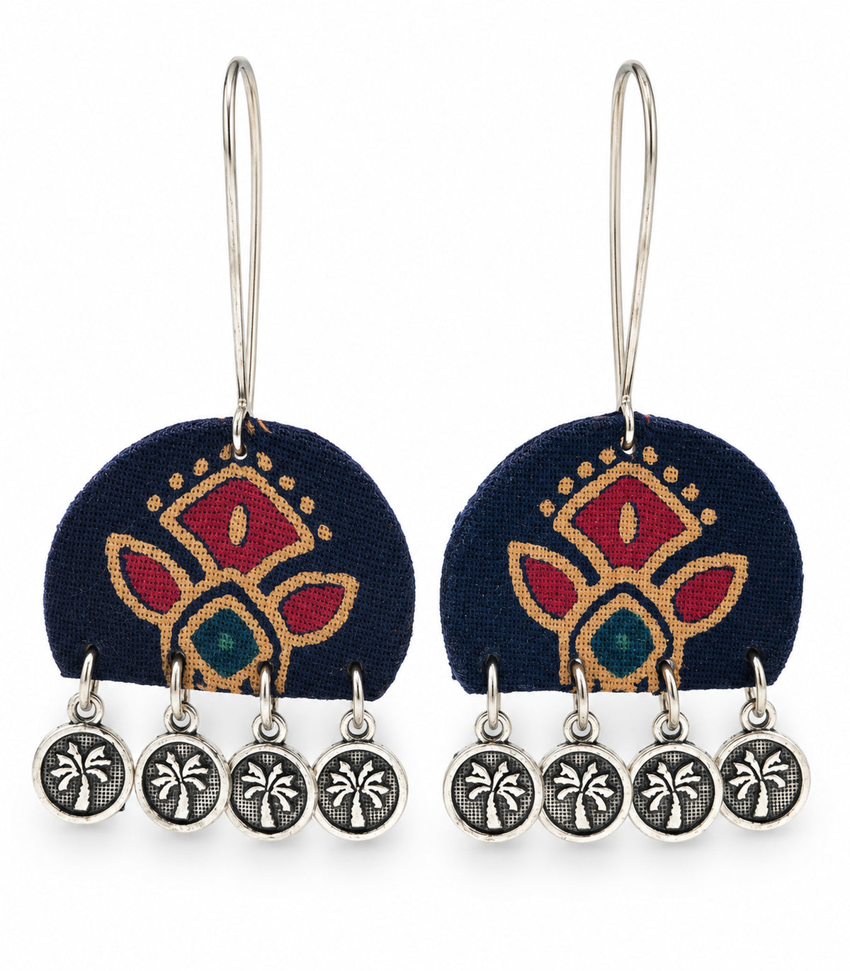 Complete pair of navy floral fabric earrings with four tree coins on each earring