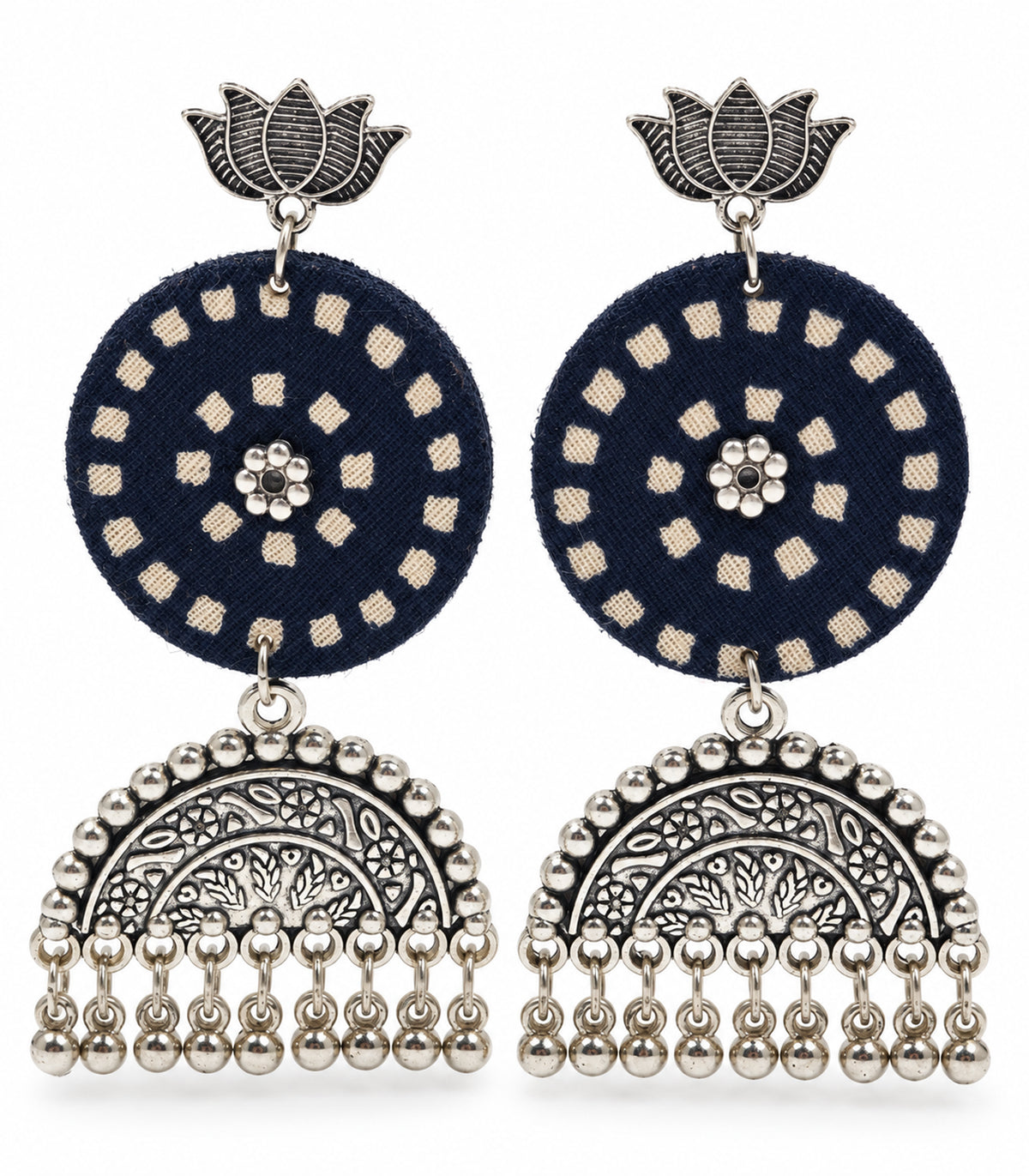 Navy and ivory lotus fabric earrings, complete matching pair on white background