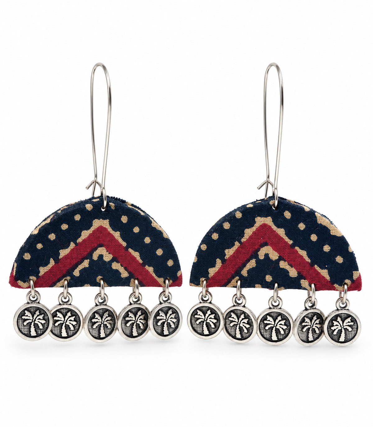 Complete pair of navy and maroon chevron fabric earrings with five coin drops per earring on white