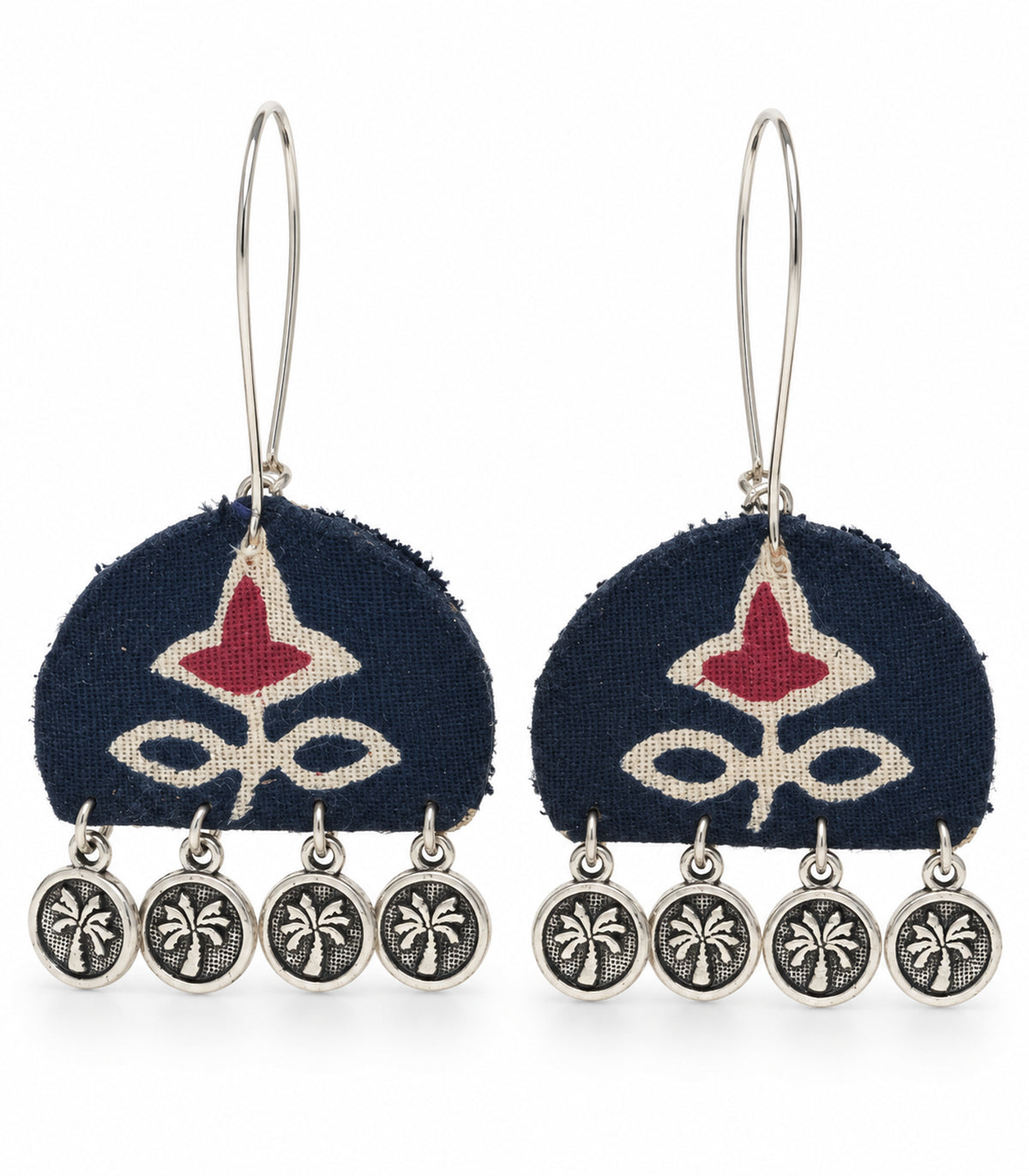 Navy and maroon floral coin drop earrings — white background view