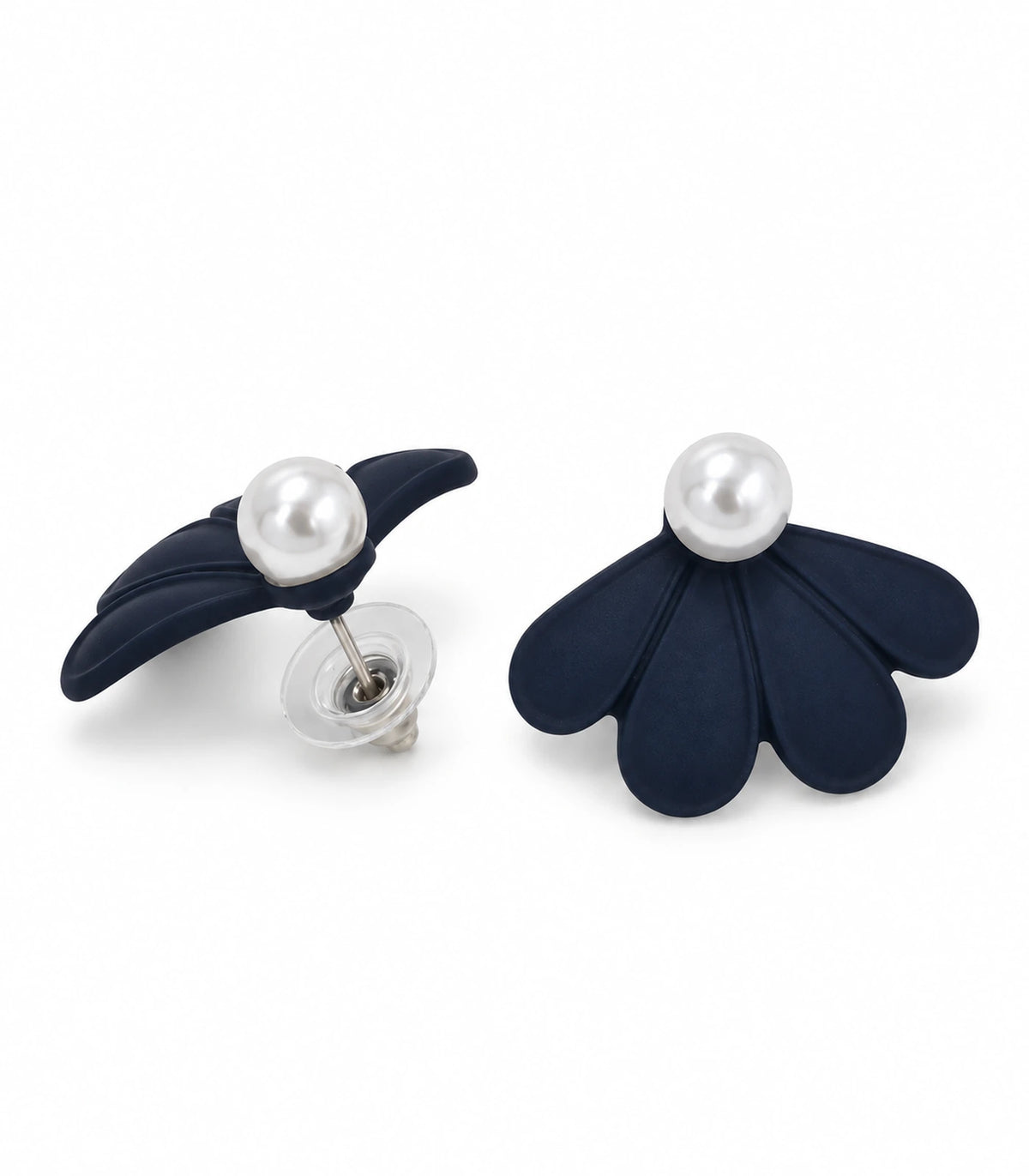 JIMIKI Navy pearl fan petal stud earrings, pair on a white background #color_navy
