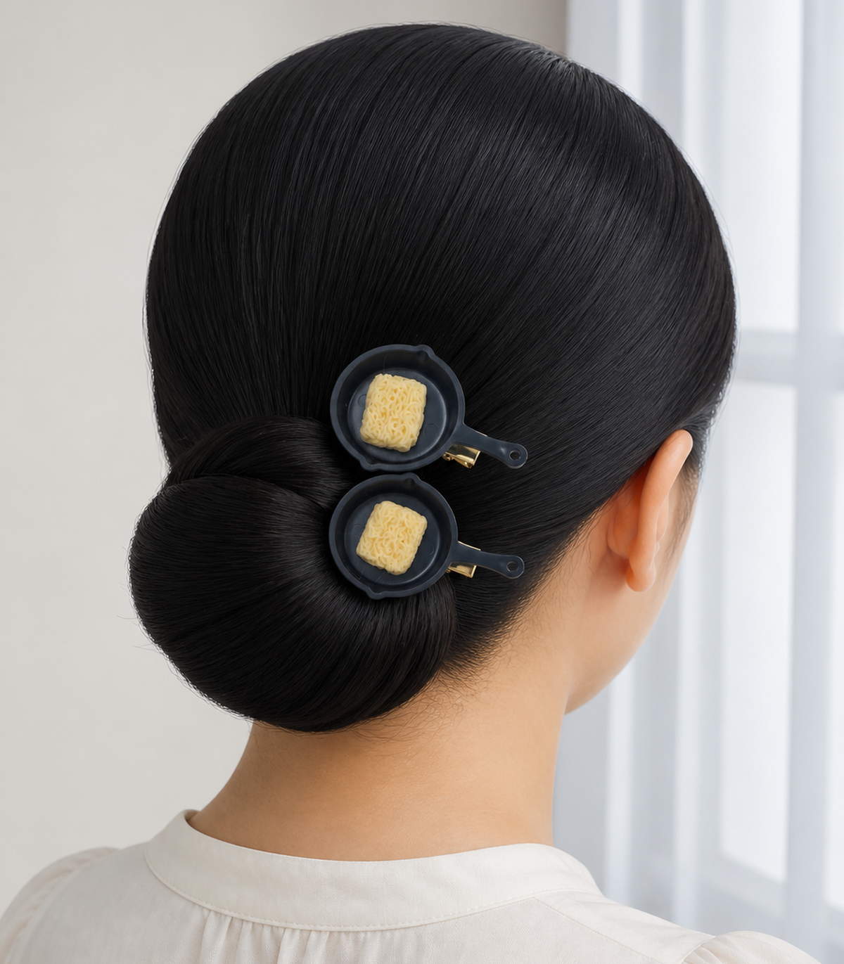 Noodle Pan Barrette Pair worn in hair