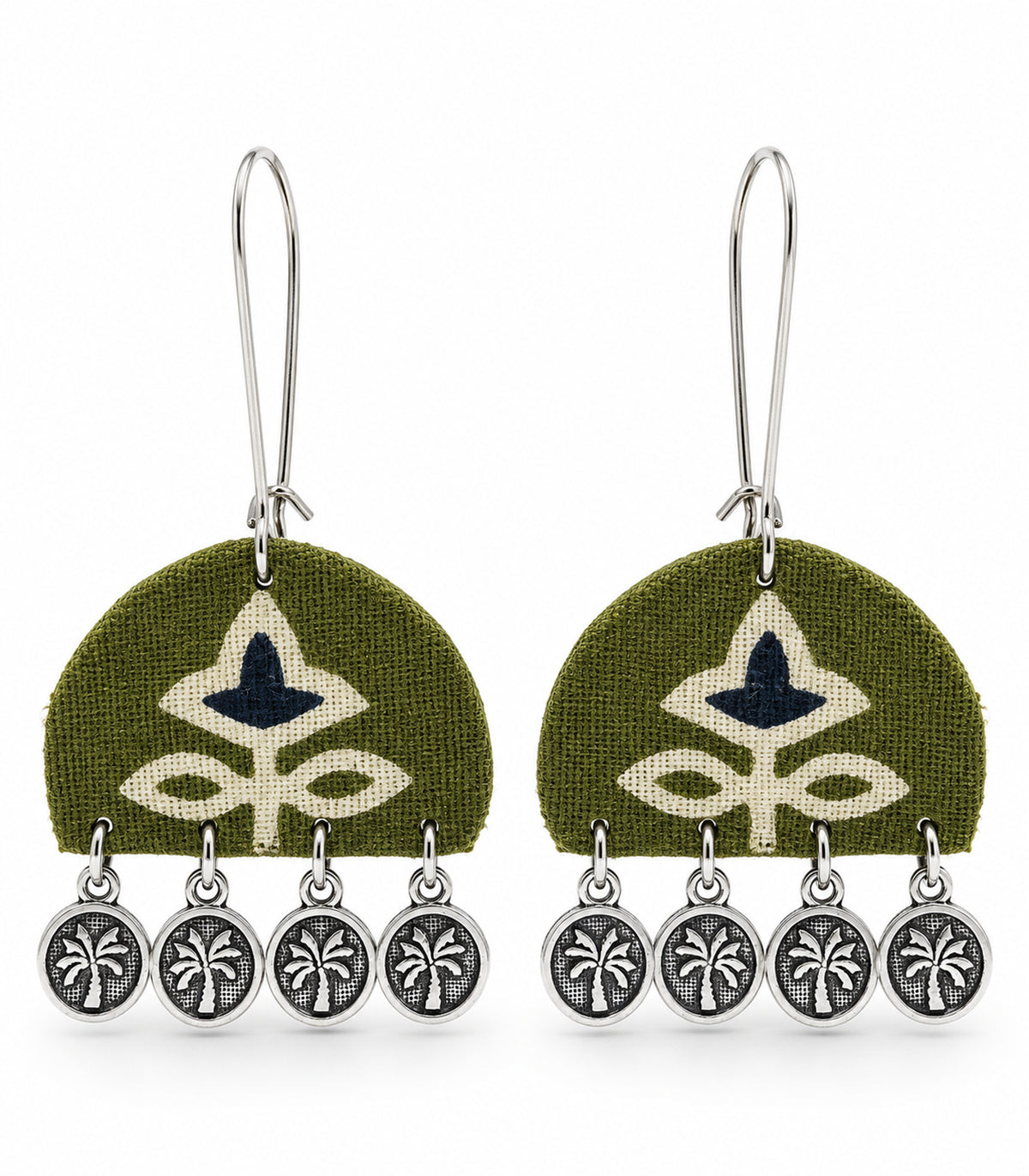 Olive and navy floral coin drop earrings — white background view