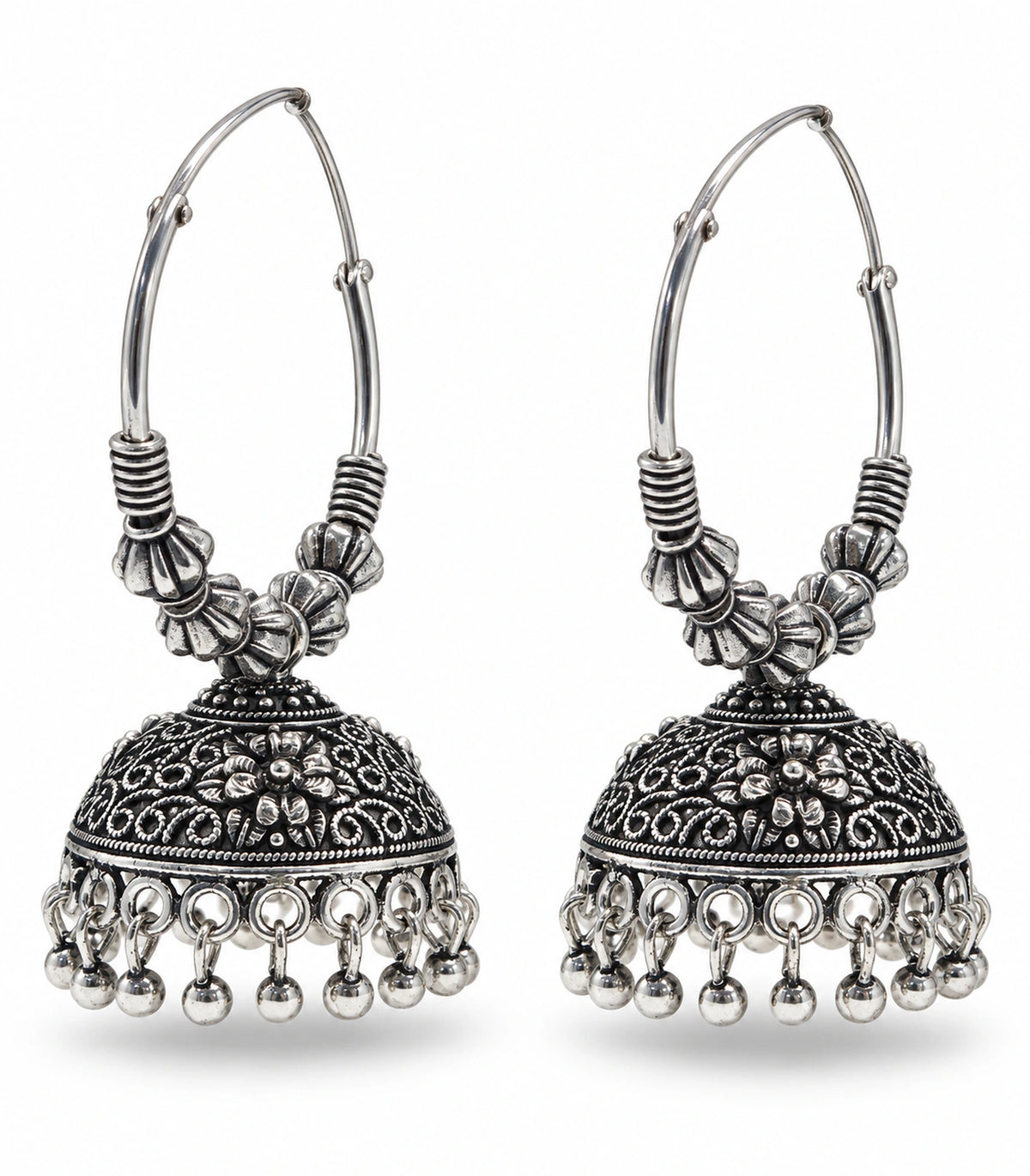 JIMIKI Beaded Hoop Floral Jhumka Earrings - Oxidized Silver pair on white background #color_oxidized-silver