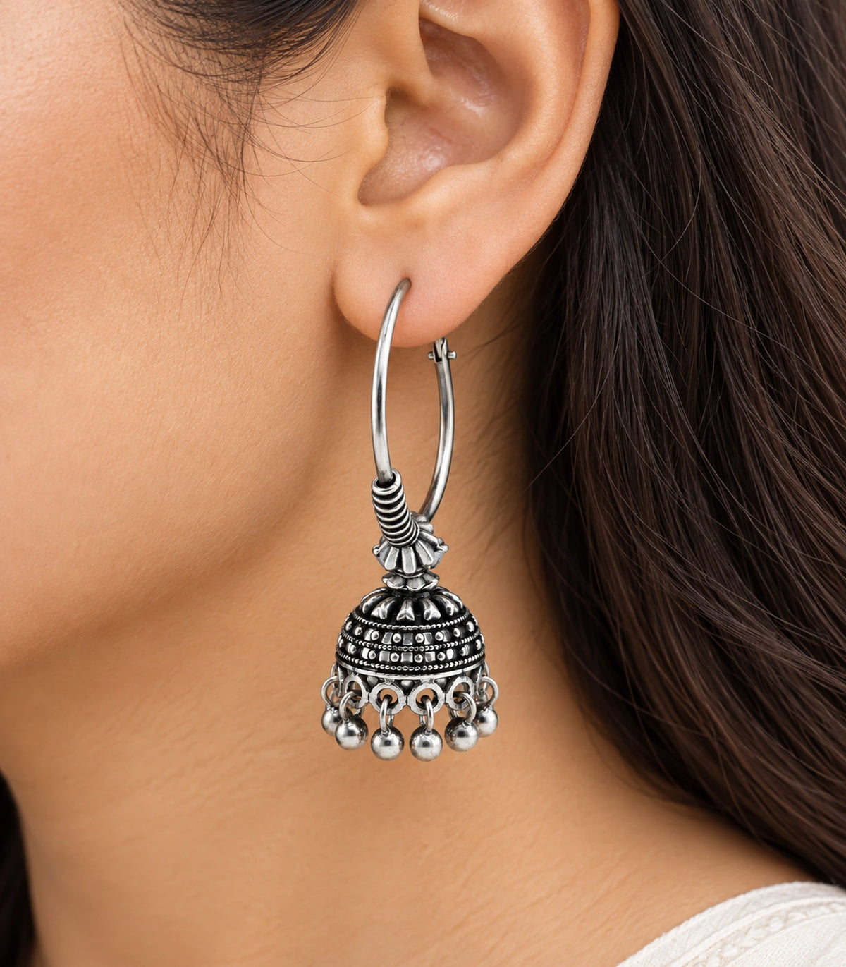 JIMIKI Oxidized Silver Beaded Hoop Jhumka Earrings - close-up of patterned drop and bead fringe #color_oxidized-silver