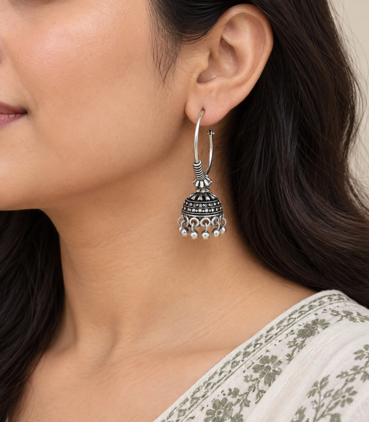 JIMIKI Oxidized Silver Beaded Hoop Jhumka Earrings - earrings worn to show hoop and drop #color_oxidized-silver