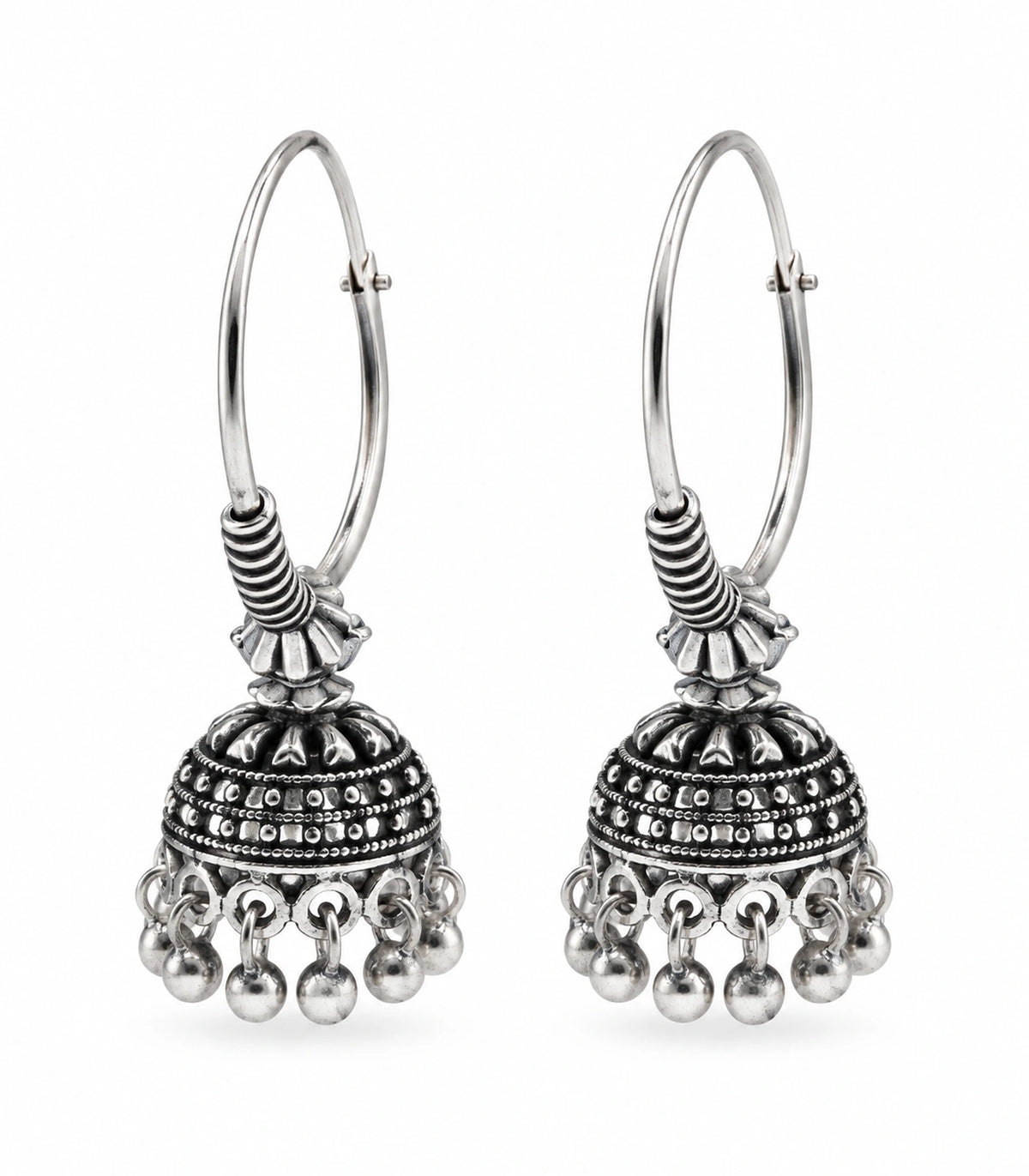 JIMIKI Oxidized Silver Beaded Hoop Jhumka Earrings - matching pair on white #color_oxidized-silver