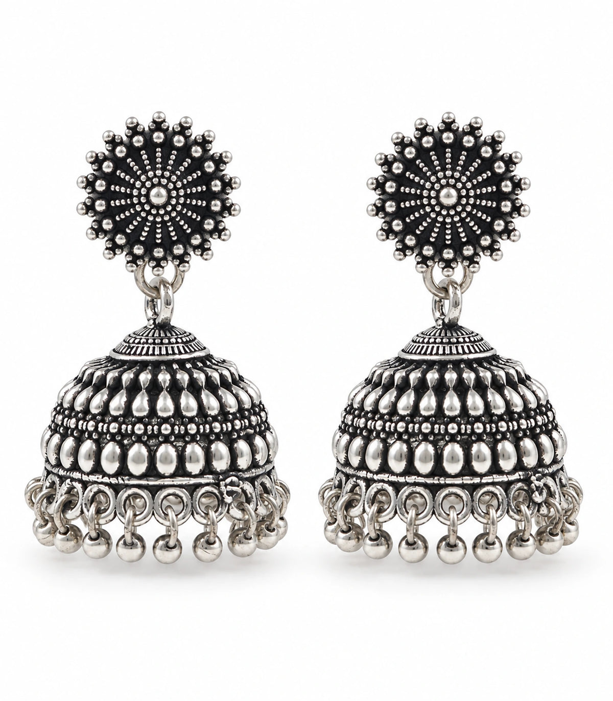 JIMIKI Oxidized Silver Beaded Sunburst Jhumka Earrings - matching pair on a white background #color_oxidized-silver