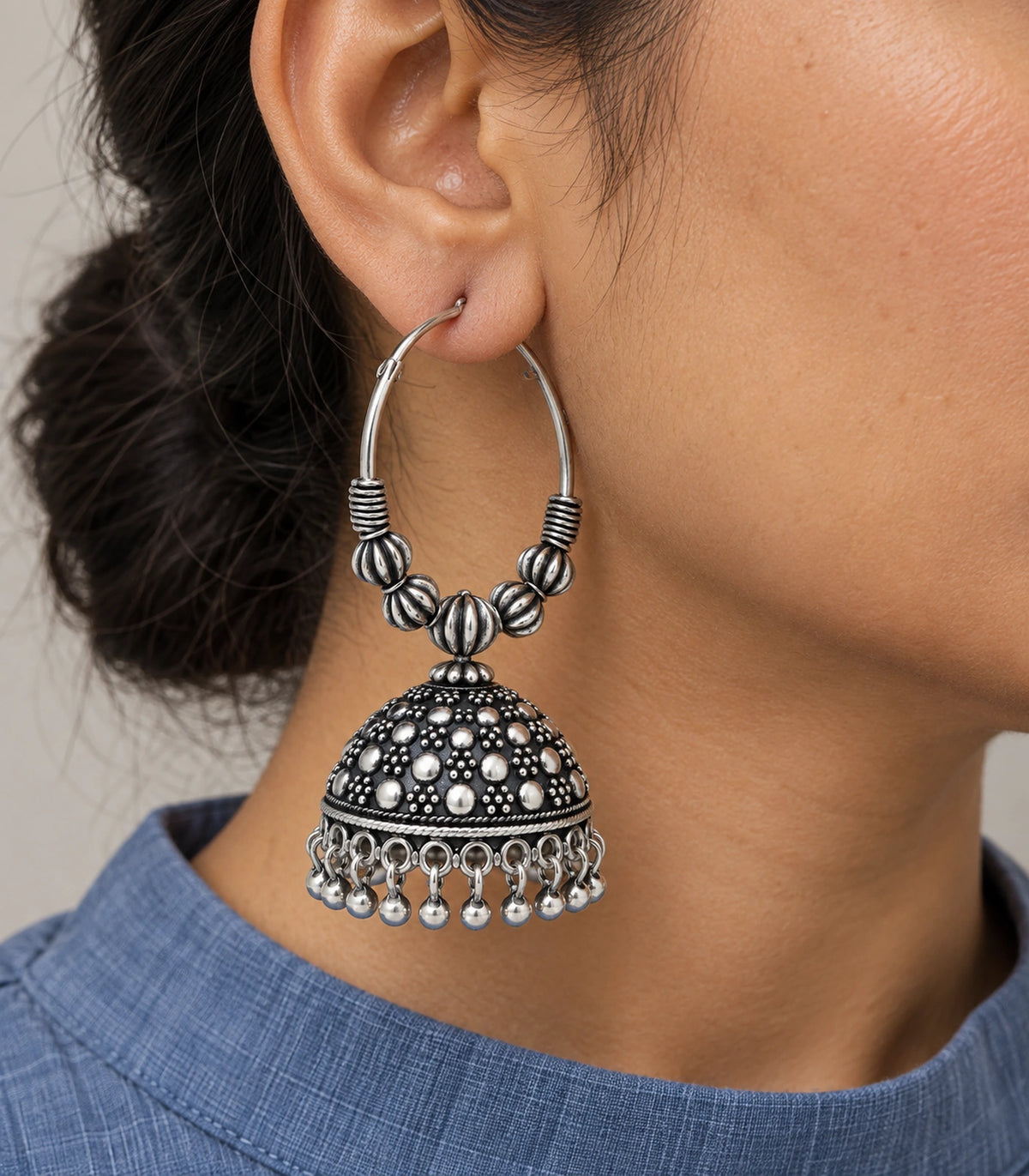 JIMIKI Oxidized Silver Five Bead Hoop Dotted Jhumka Earrings in Oxidized Silver - close-up details #color_oxidized-silver