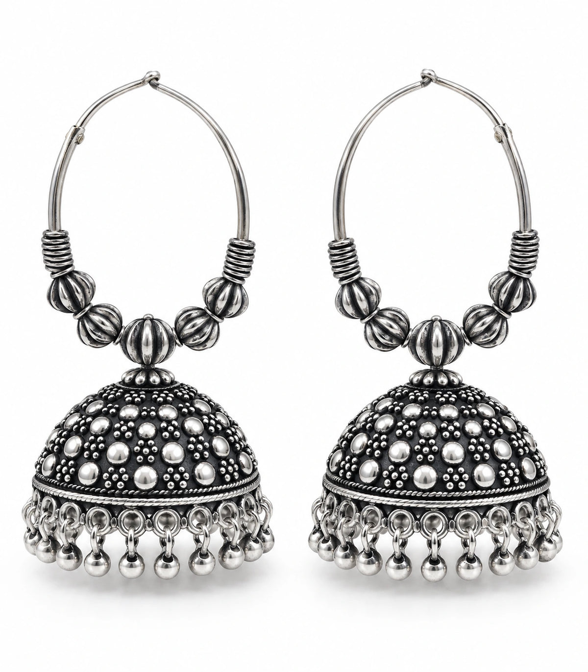 JIMIKI Oxidized Silver Five Bead Hoop Dotted Jhumka Earrings in Oxidized Silver - pair on white #color_oxidized-silver