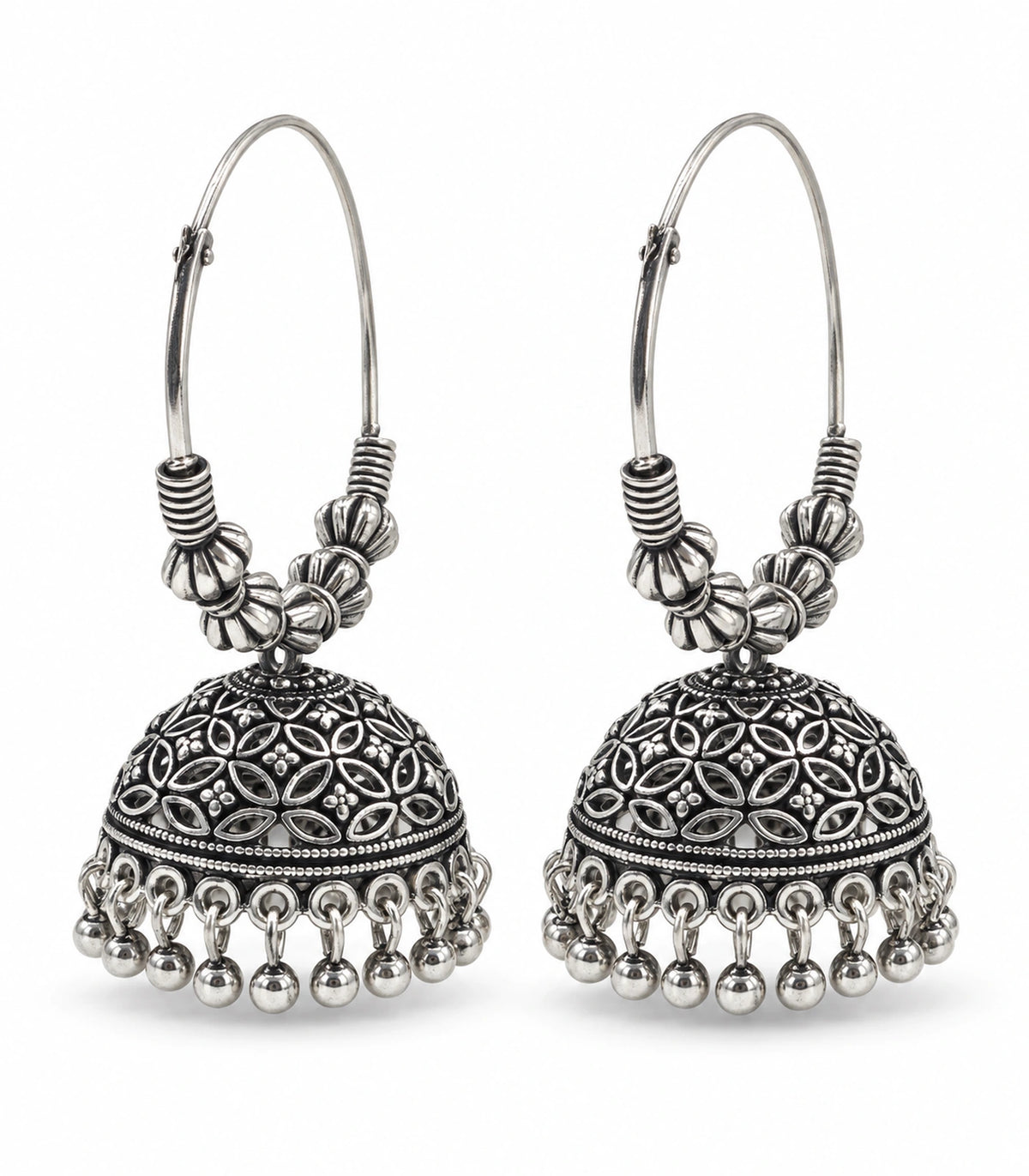 JIMIKI Oxidized Silver Floral Lattice Beaded Hoop Jhumka Earrings - Matching pair on a white background #color_oxidized-silver