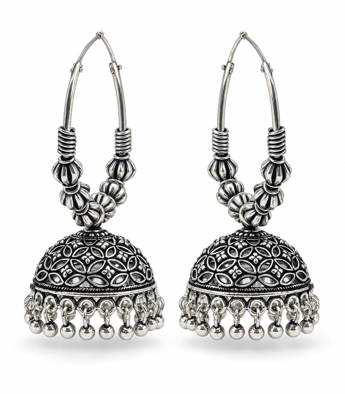 JIMIKI Oxidized Silver Floral Lattice Hoop Jhumka Earrings - Oxidized Silver pair on white background #color_oxidized-silver