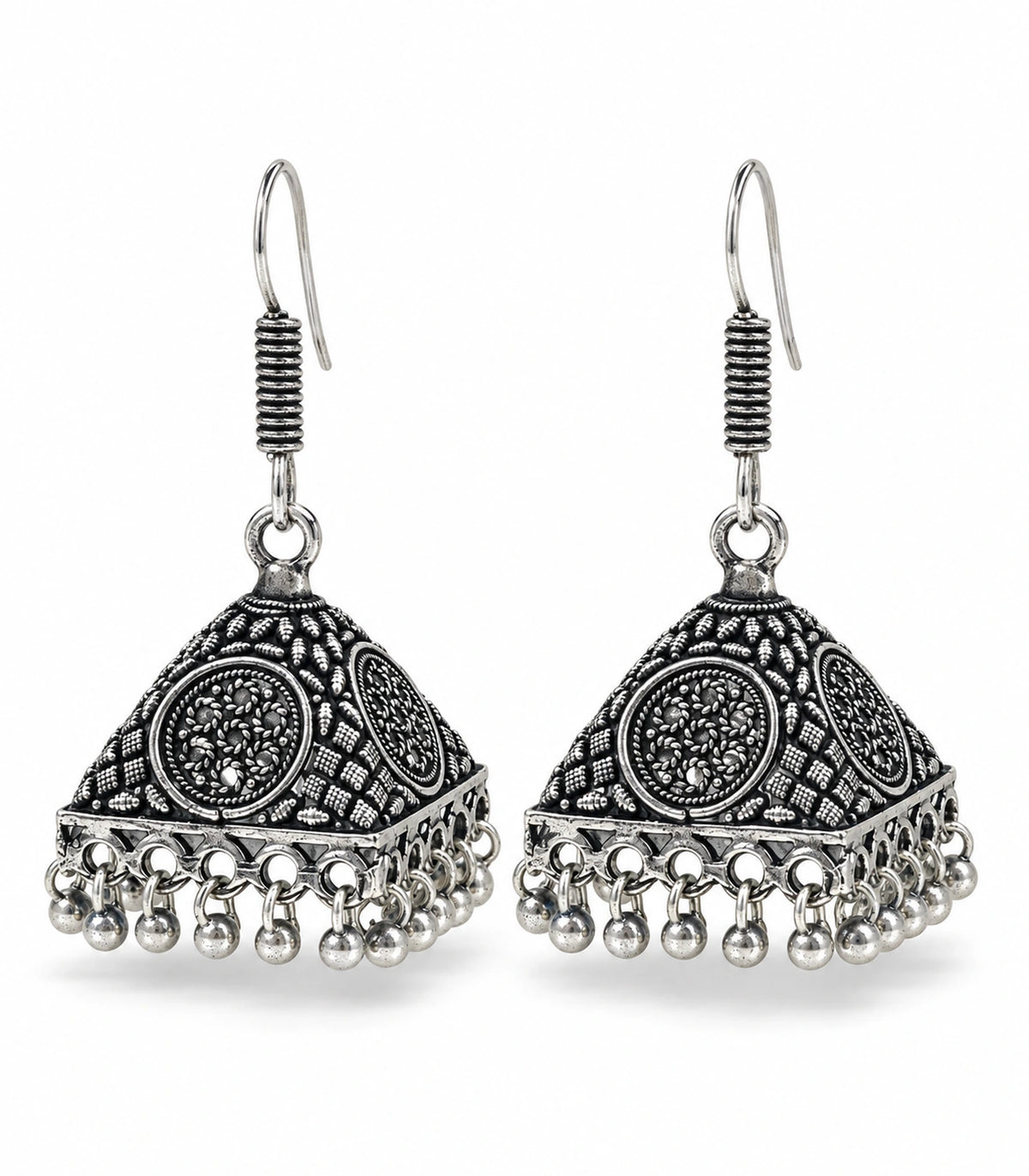 JIMIKI Oxidized Silver Floral Medallion Pyramid Jhumka Earrings - Matching pair on a white background #color_oxidized-silver