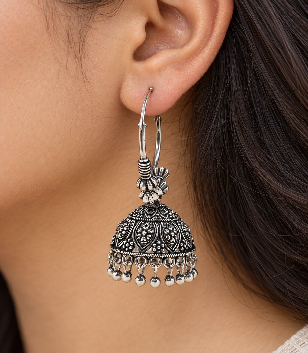 JIMIKI Oxidized Silver Floral Paisley Hoop Jhumka Earrings - close-up of patterned drop and bead fringe #color_oxidized-silver