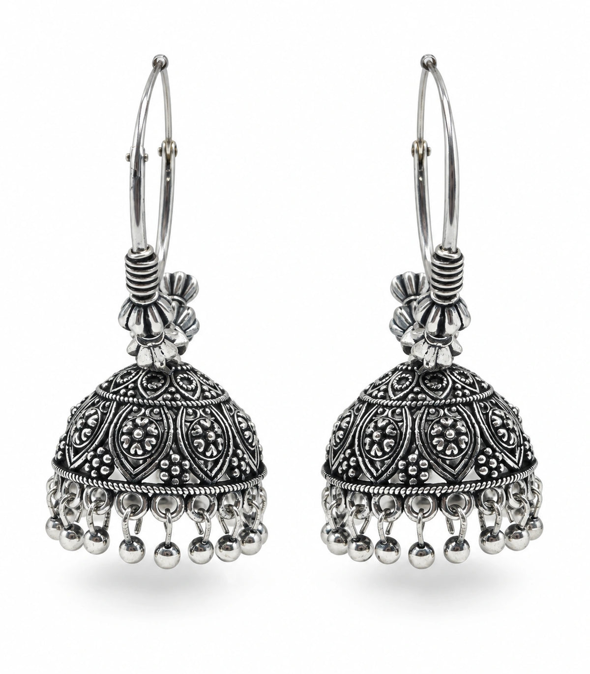 JIMIKI Oxidized Silver Floral Paisley Hoop Jhumka Earrings - matching pair on white #color_oxidized-silver