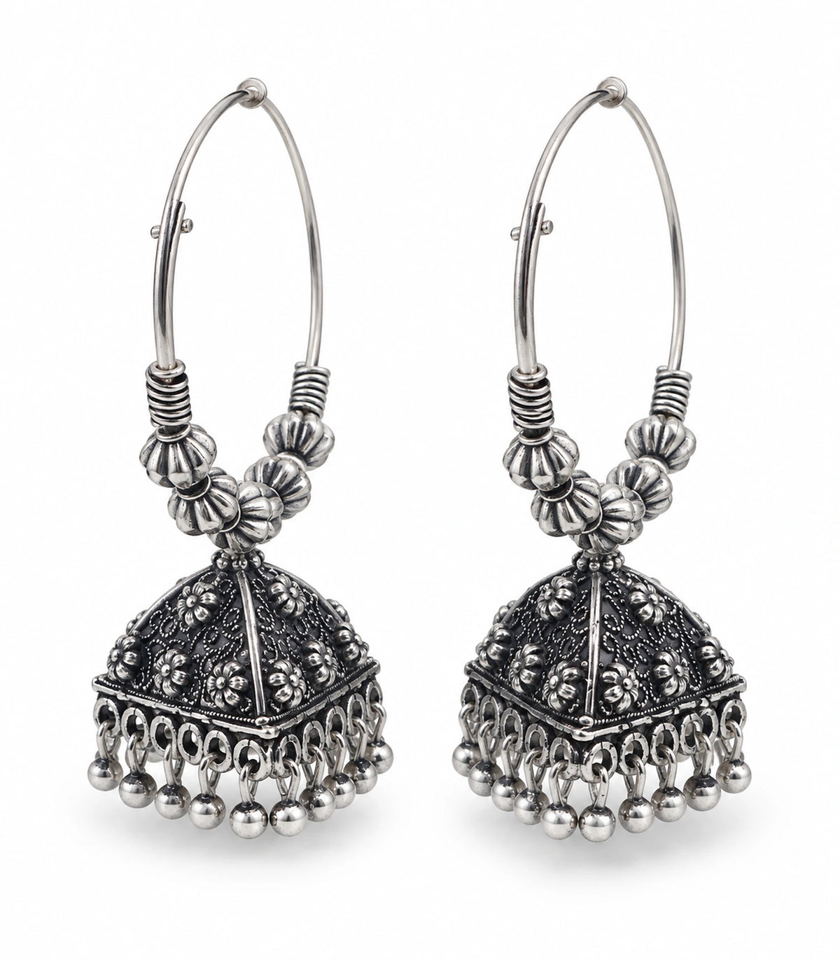 JIMIKI Oxidized Silver Floral Pyramid Beaded Hoop Jhumka Earrings - Matching pair on a white background #color_oxidized-silver