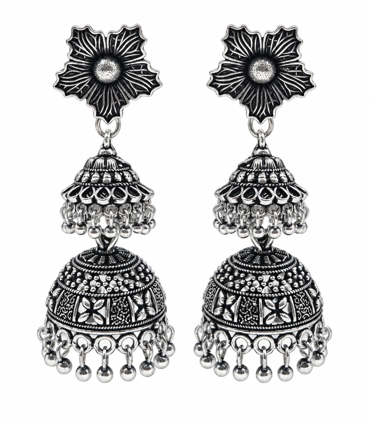 JIMIKI Oxidized Silver Hibiscus Double Jhumka Earrings - matching pair on white #color_oxidized-silver