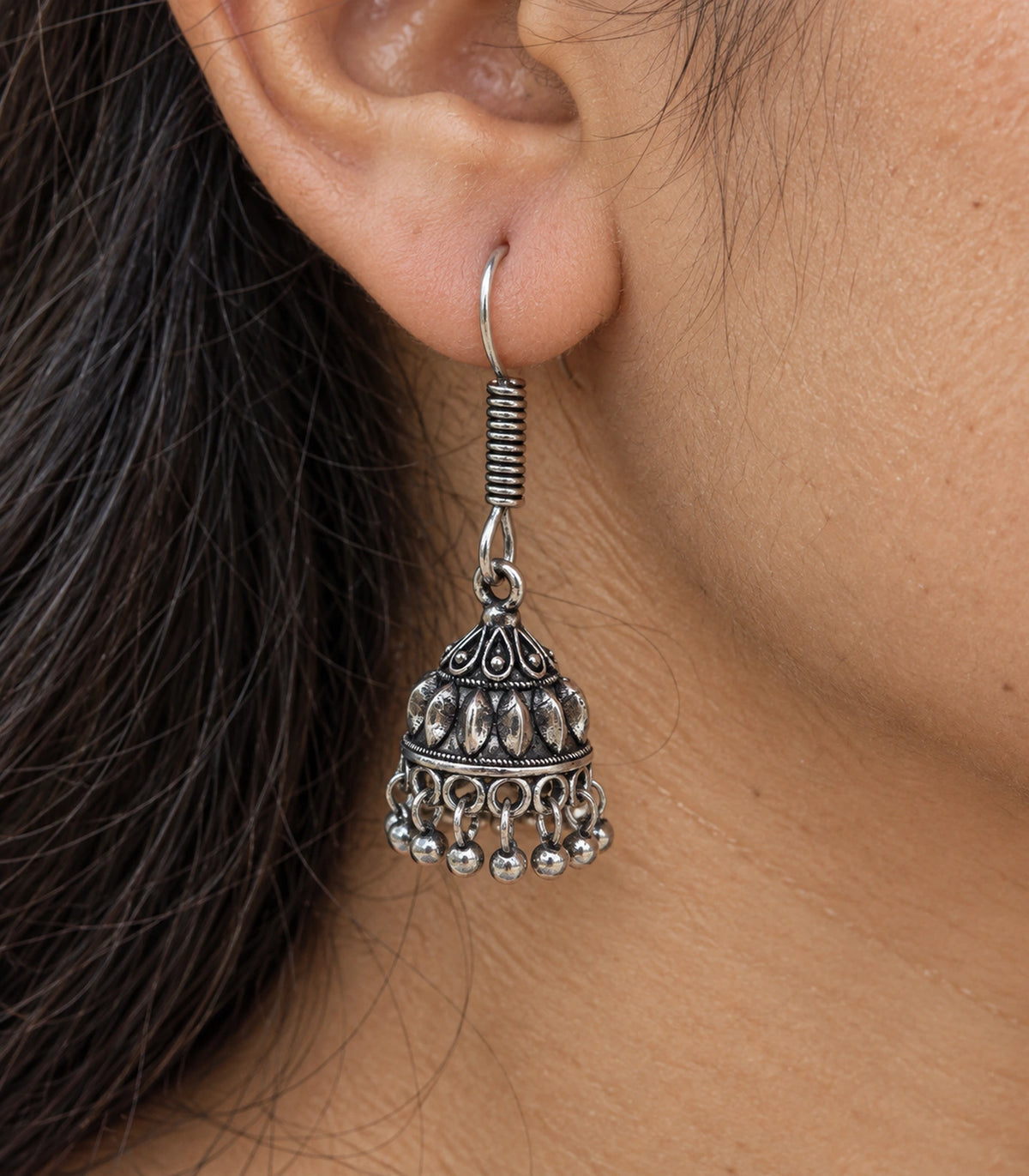 JIMIKI Leaf Dome Hook Jhumka Earrings in Oxidized Silver - close-up details #color_oxidized-silver