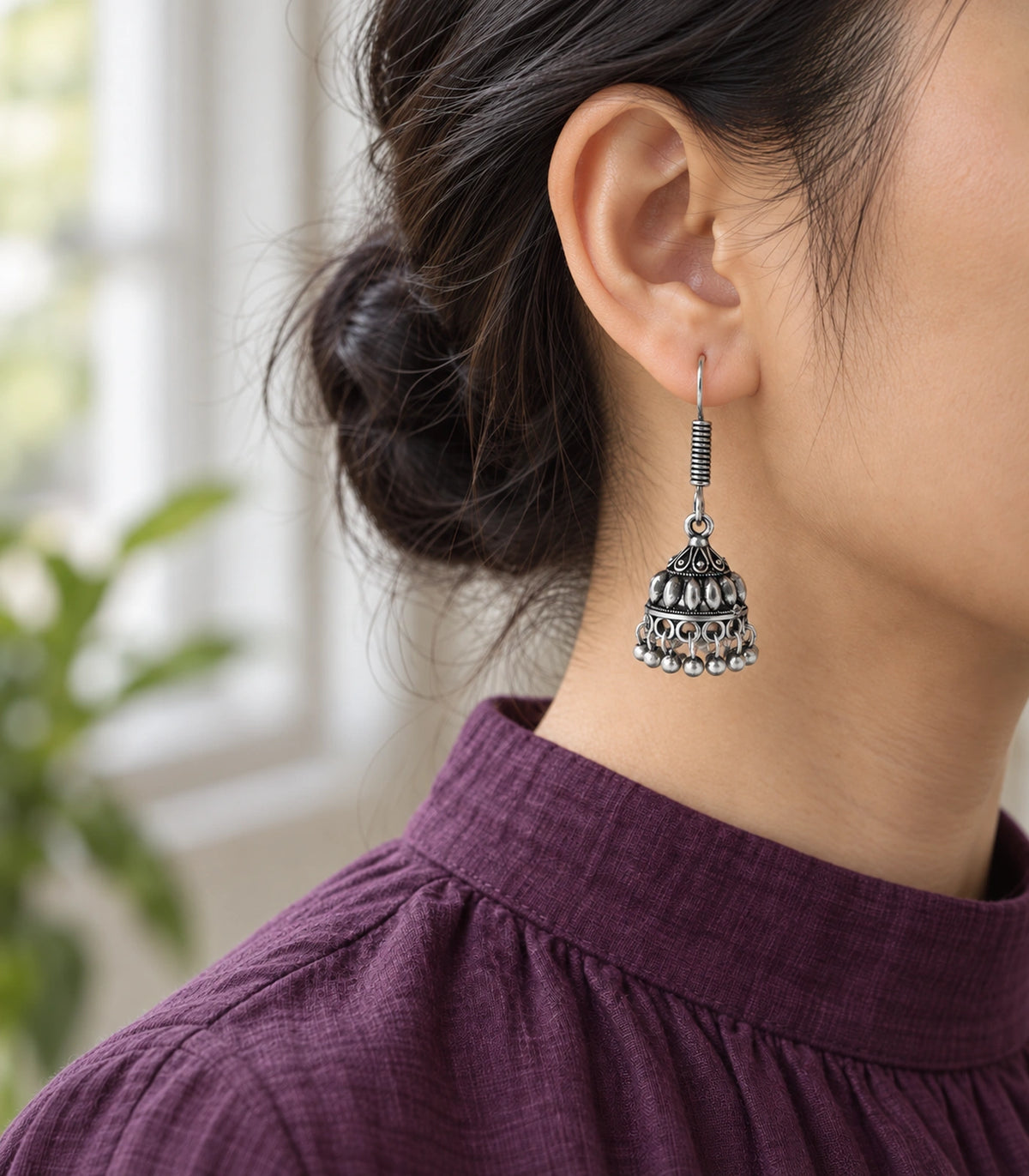 JIMIKI Leaf Dome Hook Jhumka Earrings in Oxidized Silver - editorial worn view #color_oxidized-silver