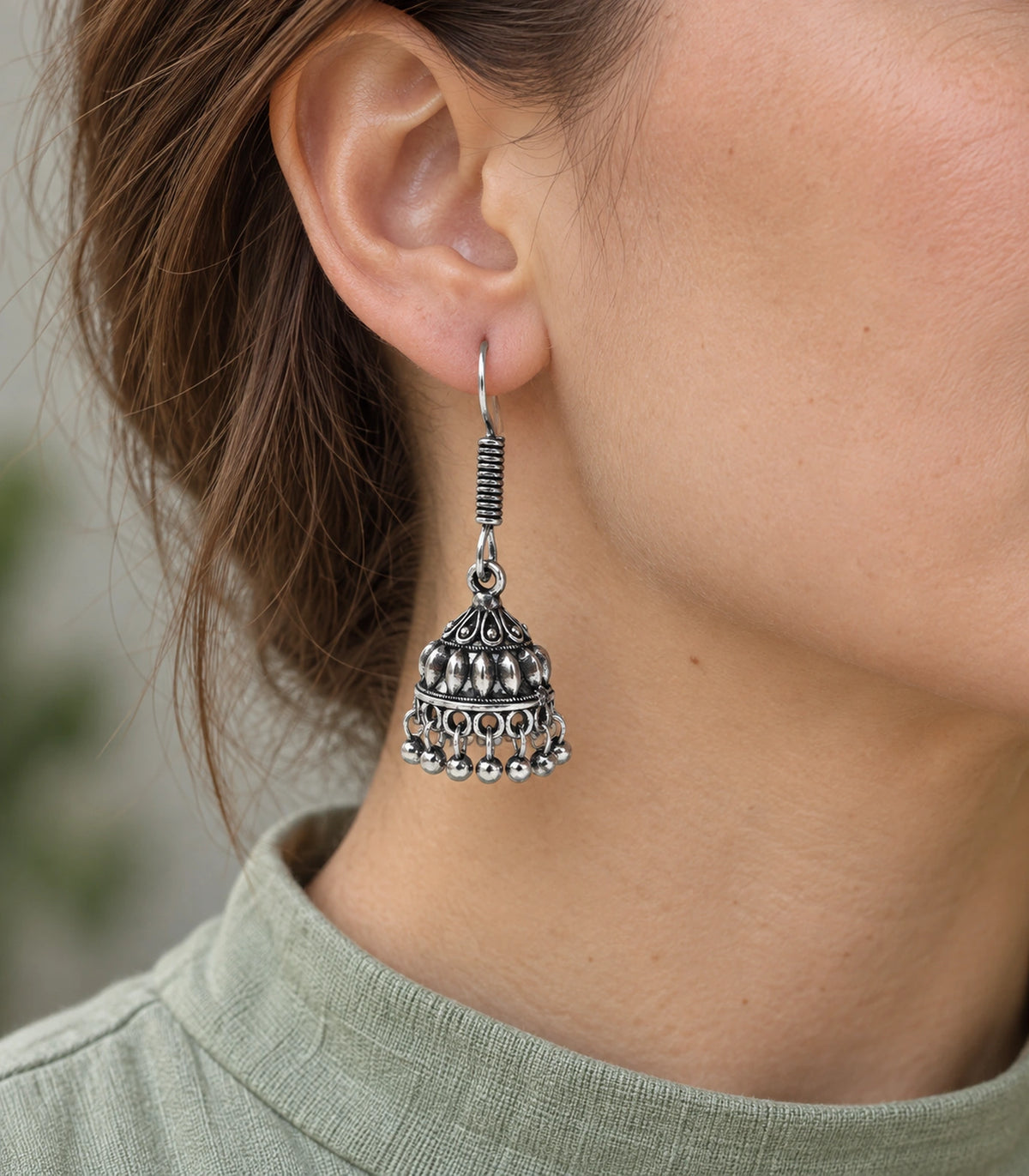 JIMIKI Leaf Dome Hook Jhumka Earrings in Oxidized Silver - worn styling view #color_oxidized-silver