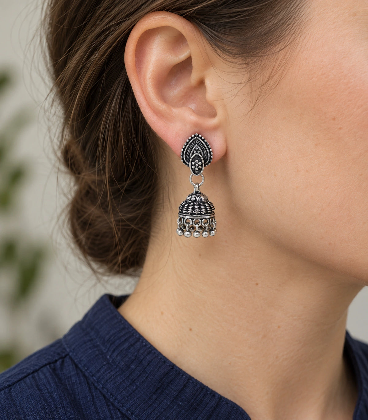 JIMIKI Leaf Stud Beaded Jhumka Earrings - Oxidized Silver close-up of the earring worn #color_oxidized-silver