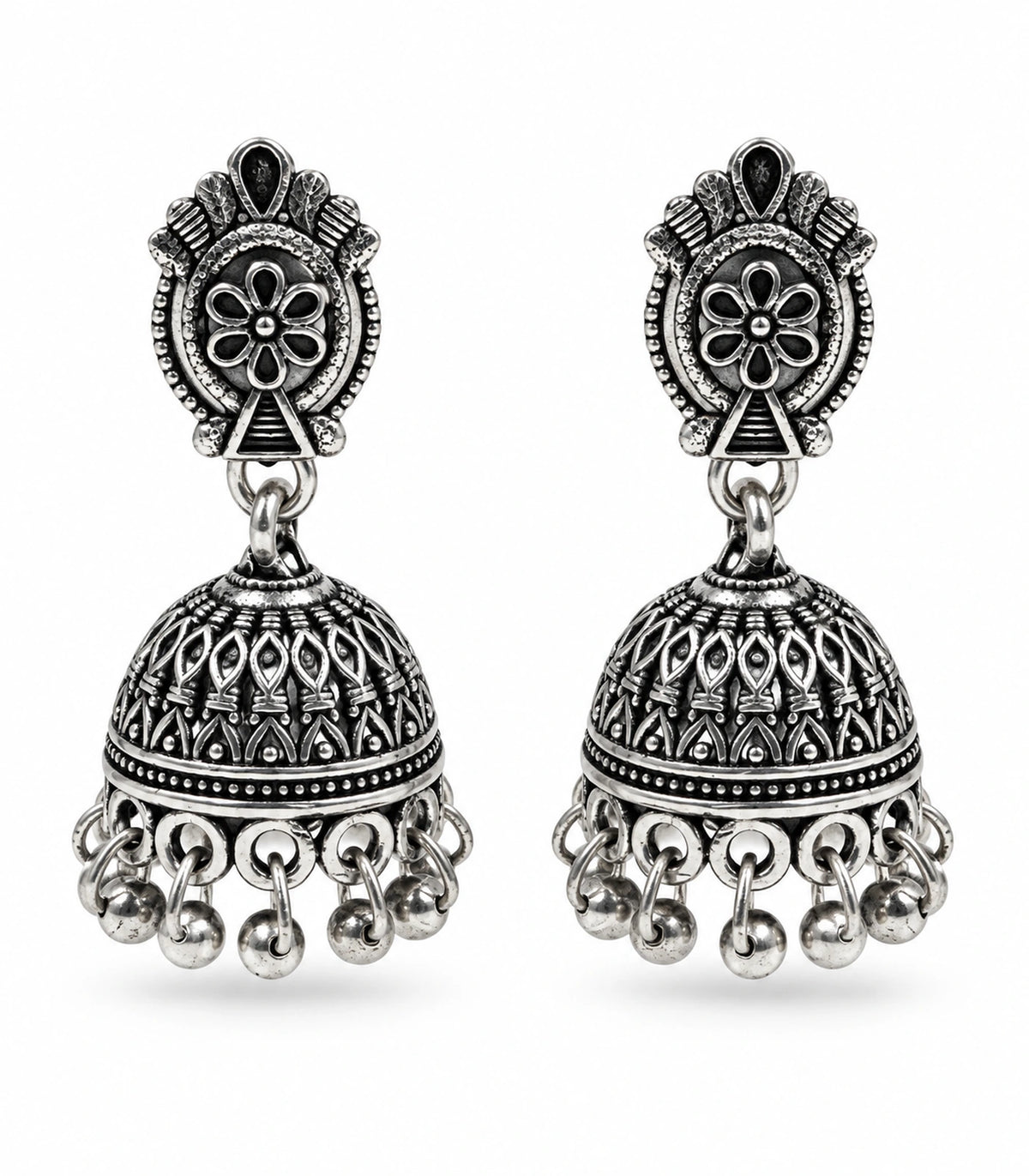 JIMIKI Oxidized Silver Oval Floral Jhumka Earrings - Matching pair on white #color_oxidized-silver