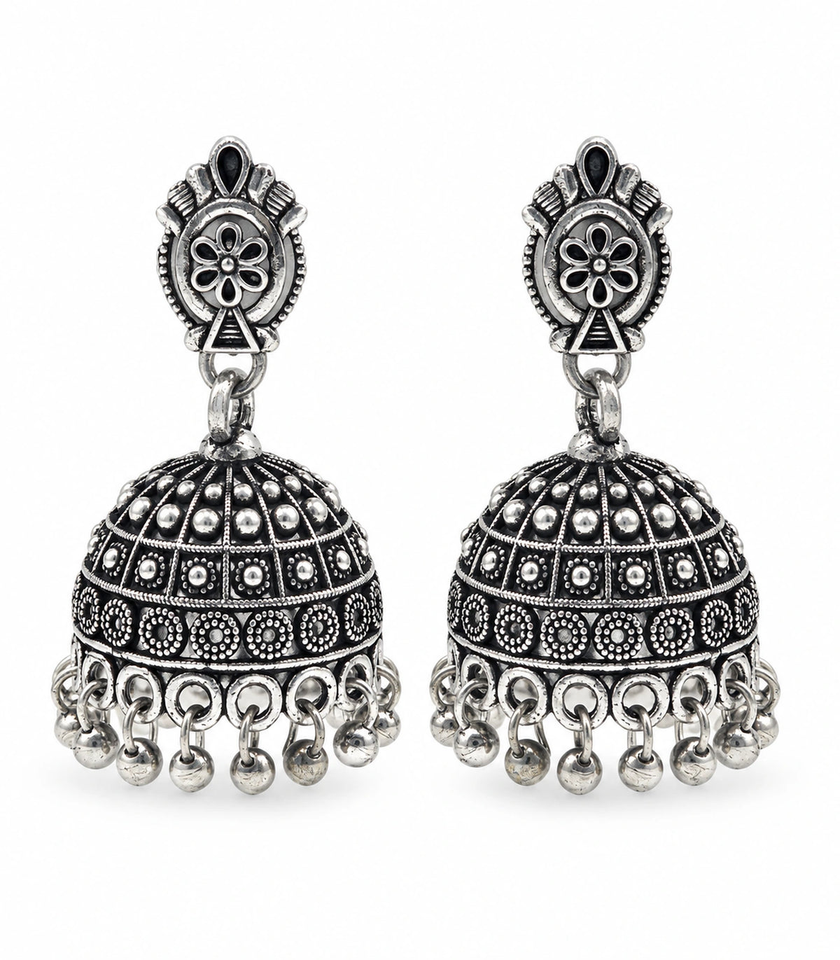JIMIKI Oxidized Silver Oval Flower Grid Dome Jhumka Earrings - matching pair on a white background #color_oxidized-silver