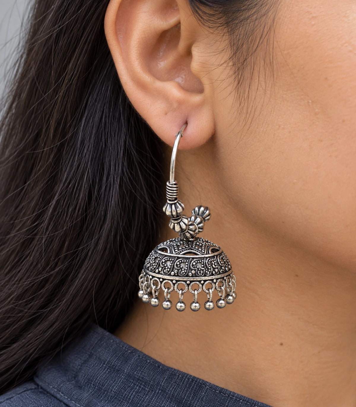 JIMIKI Paisley Beaded Hoop Jhumka Earrings in Oxidized Silver - close-up details #color_oxidized-silver