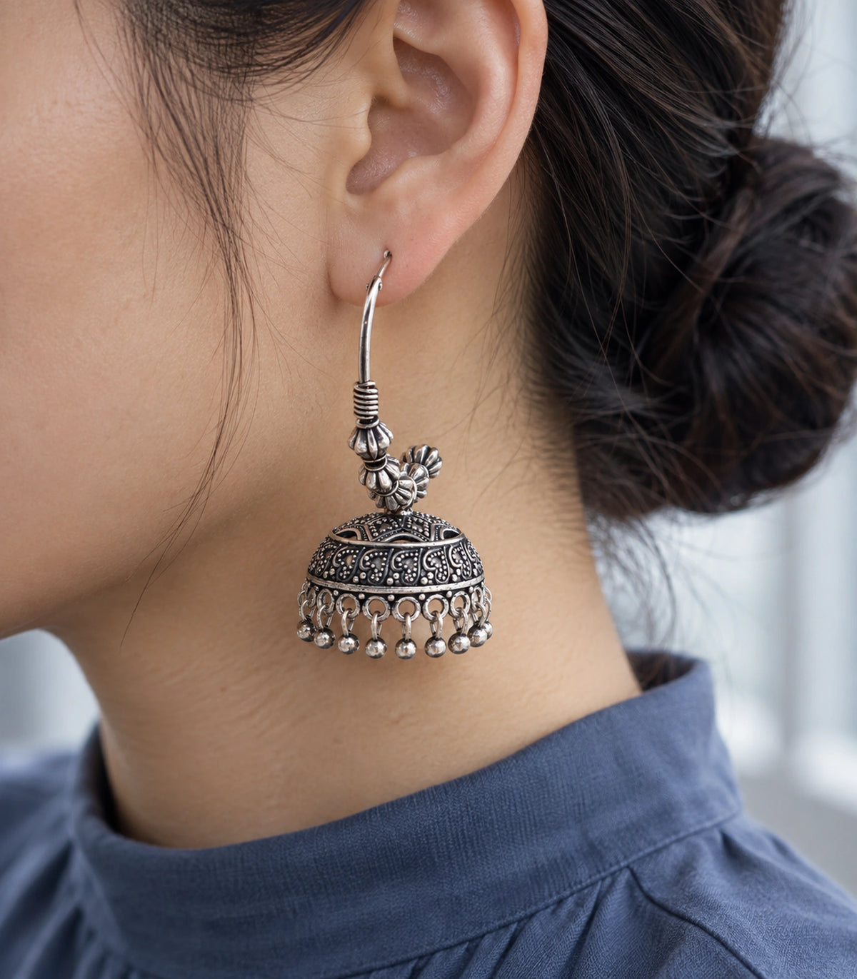 JIMIKI Paisley Beaded Hoop Jhumka Earrings in Oxidized Silver - editorial worn view #color_oxidized-silver